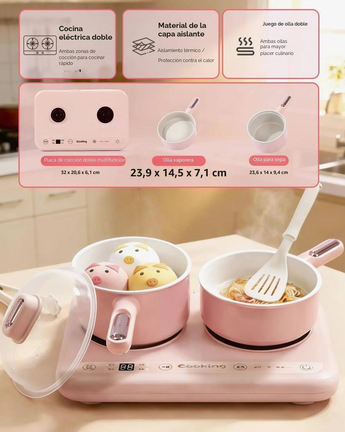 BICRET Juego de Cocina Eléctrica para Niños con Doble Fuego, Accesorios Completos, Incluye Utensilios de Cocina y Cuchillo de Chef Seguro, para Niños de 8 a 12 Años (Rosa)
