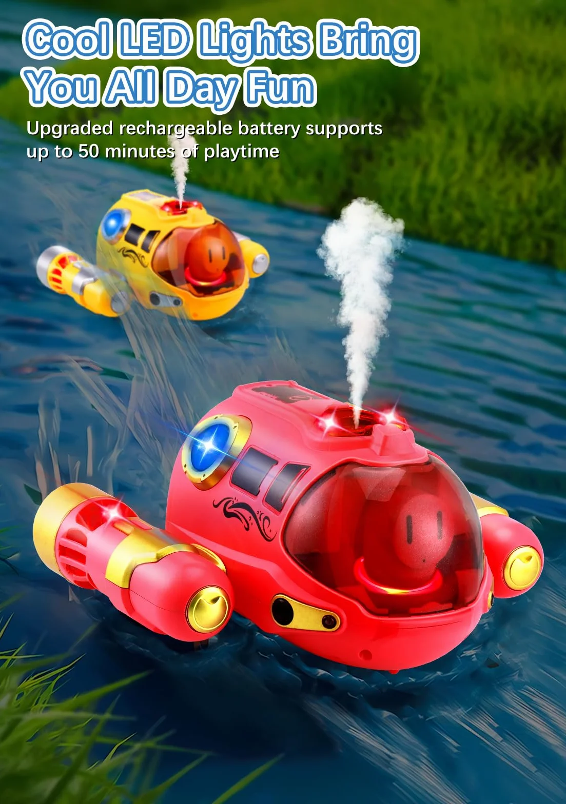 Barco Teledirigido Niños, Barco RC con Spray/luz de luz, Lancha Teledirigida con 2 Baterías Recargables, 2.4GHz RC Juguete Barco para Piscinas y Lagos, Regalo para niños y niñas