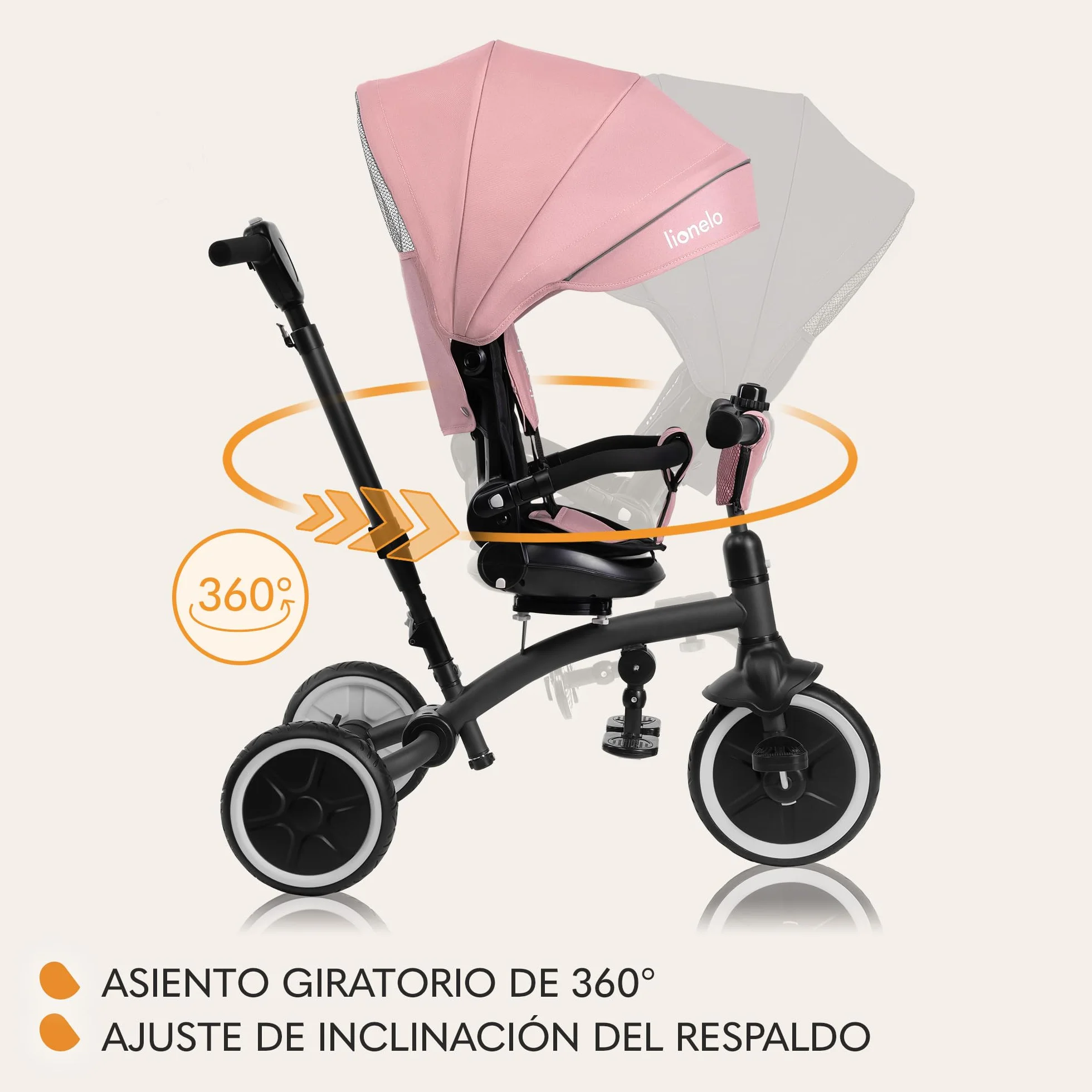 LIONELO Tris Plus Bicicleta de Paseo Triciclo Multifunción de 9 Meses a 25 kg, Carrito Bebé, Ruedas Grandes PU Asiento Giratorio 360° Respaldo Ajustable Montaje sin Herramientas