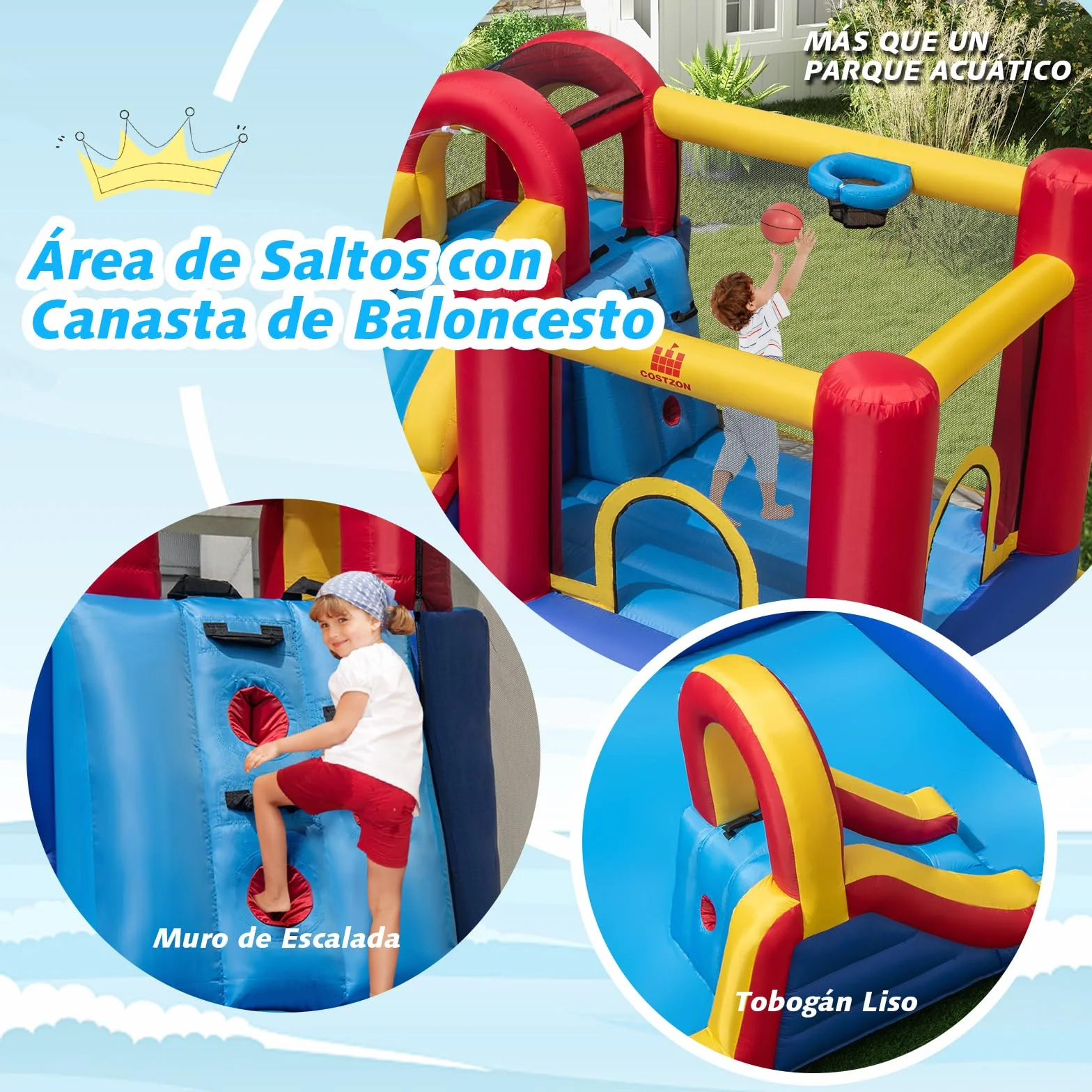 COSTWAY Castillo Hinchable Grande, Parque Acuático Infantil con Doble Tobogán, 2 Piscinas, Área de Salto y Aro de Baloncesto, 450 x 392 x 216 cm, para Jardín Patio, Multicolor (sin Soplador)
