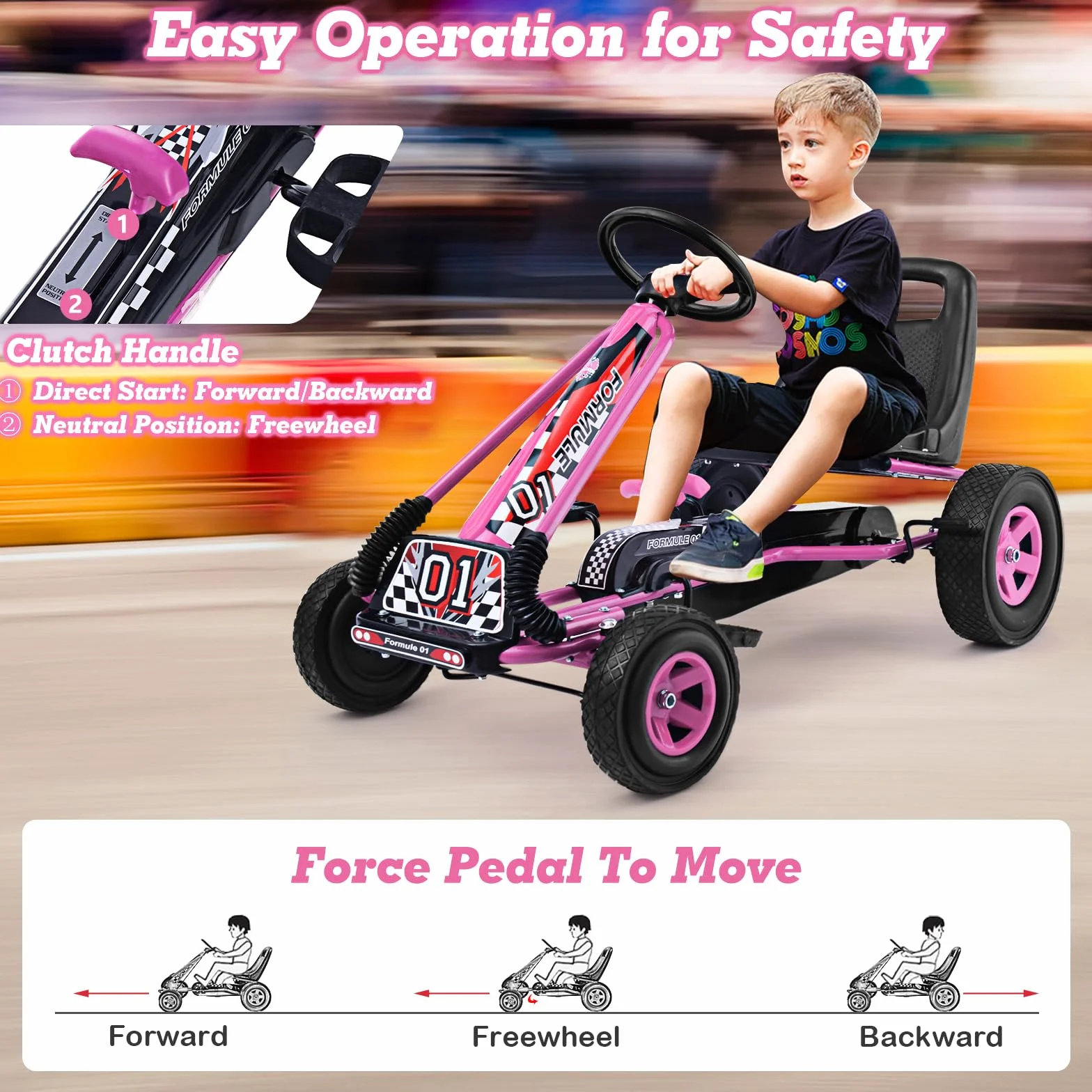 GOPLUS Kart con Pedal Infantil, Asiento Ajustable, Avanzar y Retroceder, con Embrague y Freno, Pedales Antideslizantes, 4 Ruedas, Bicicletas y Vehículos para Niños de 3-8 Años (Rosa)