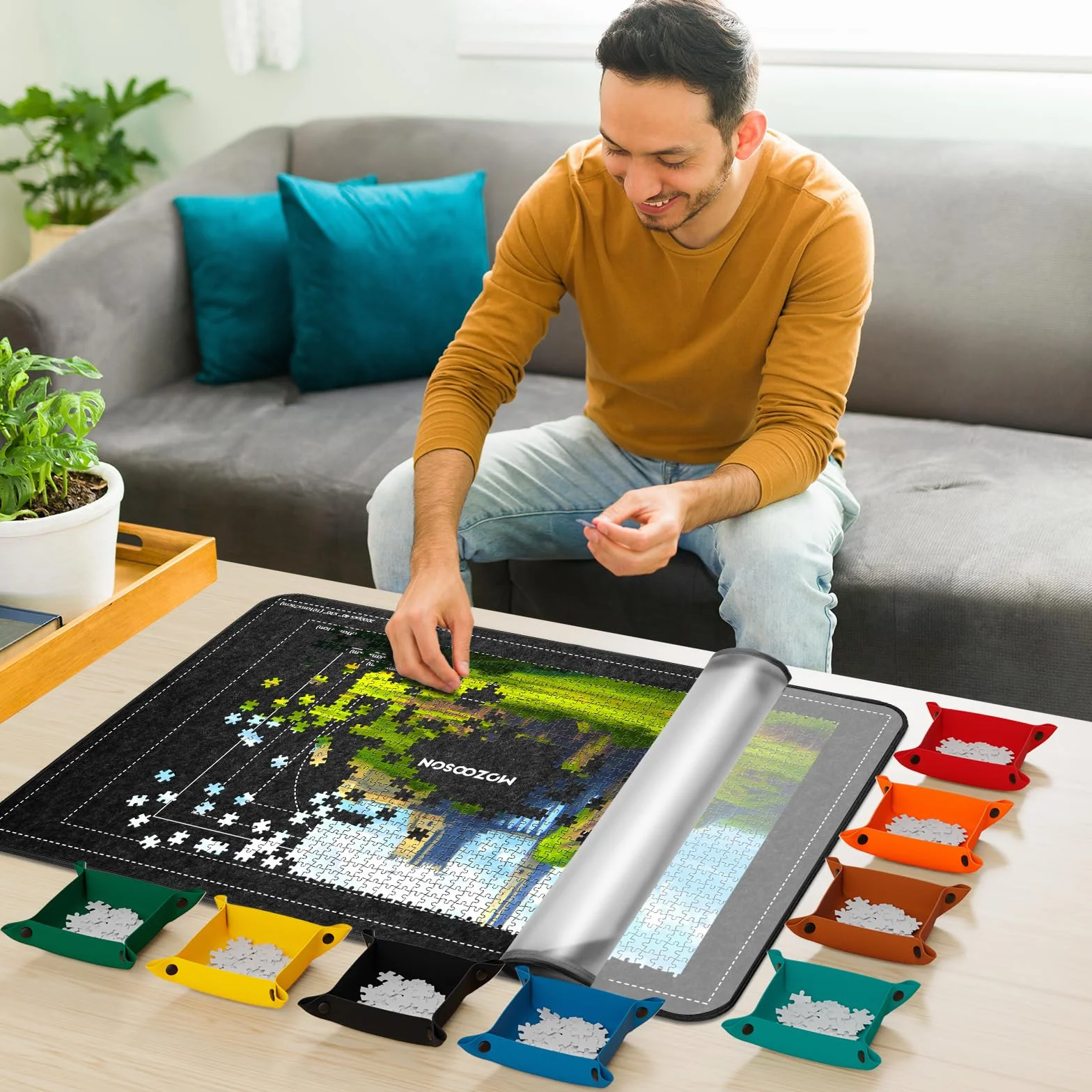 MOZOOSON Tablero de Rompecabezas Plegable, Puzzle Board 1500 Piezas, Accesorios para Mover y Guardar, Tapete Puzzle Portátil 8 Bandejas de Clasificación + 1 Cover