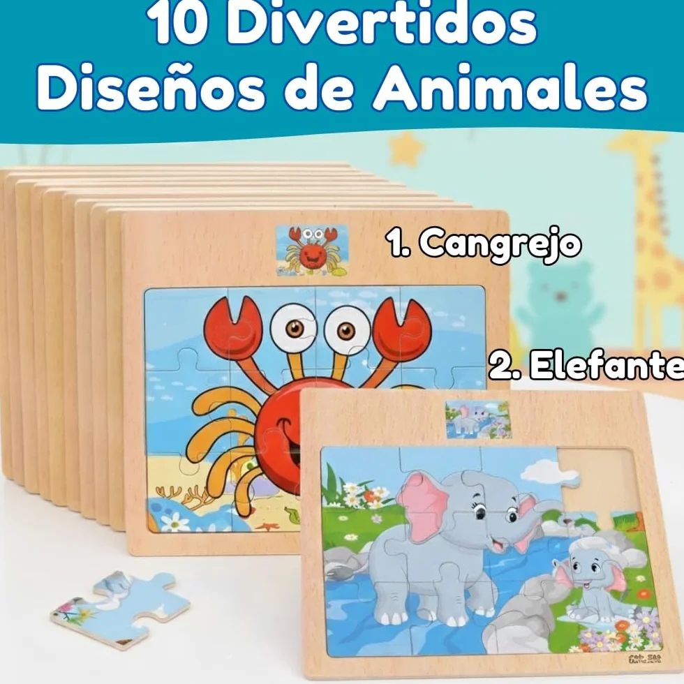 Pack 10 Puzzle Madera, Puzzles Infantiles Niños 3 a 8 Años, Juguetes Educativos, Regalos Cumpleaños Niños, Set de 10 Rompecabezas con Dinvertidos Animales (Pack 10 Puzzles)