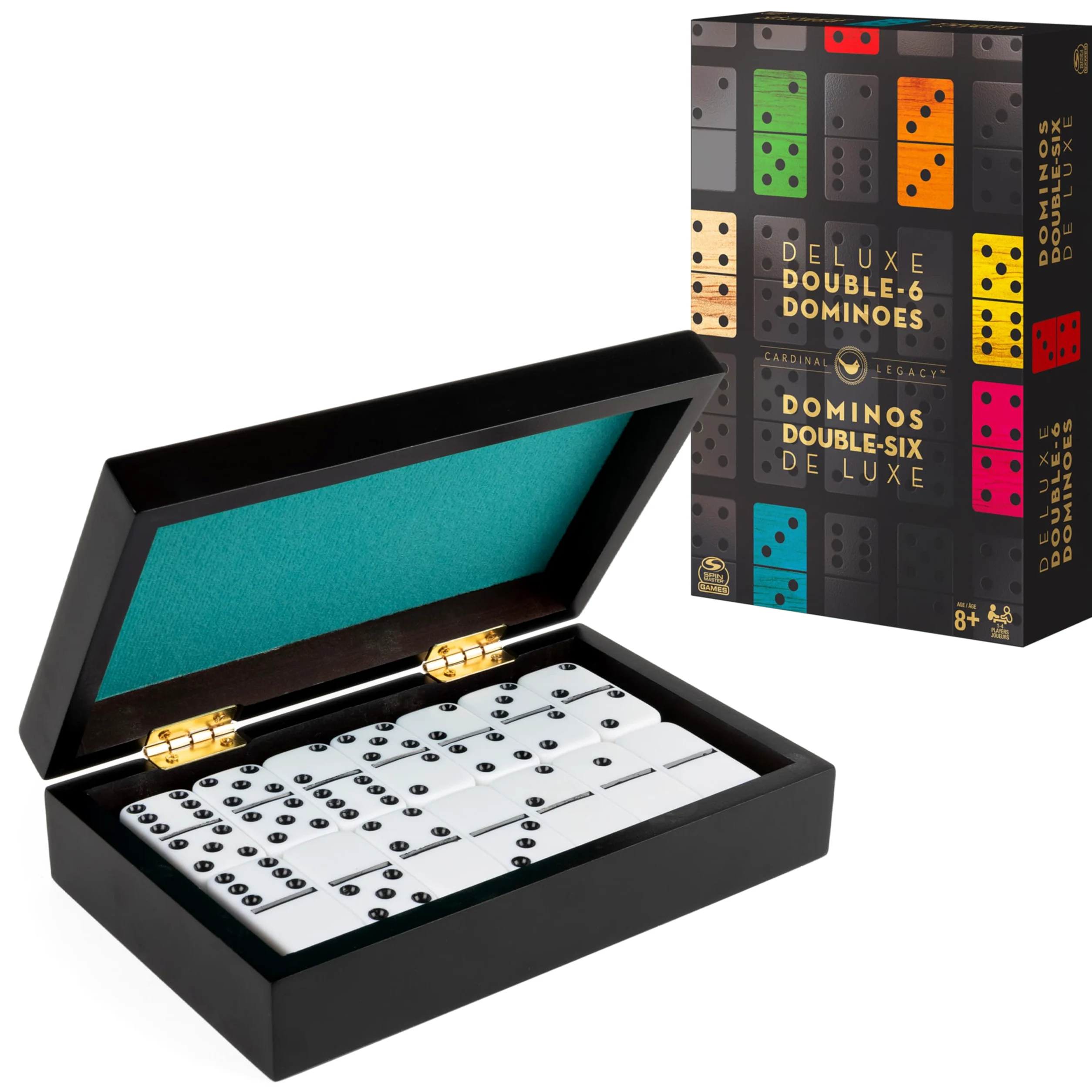 Spin Master Games, Cardinal Legacy Deluxe Double 6 Dominó, juego de mesa clásico de 28 dominó en estuche de madera forrado, para niños y familia, 1-4 jugadores, para edades de 8 años en adelante