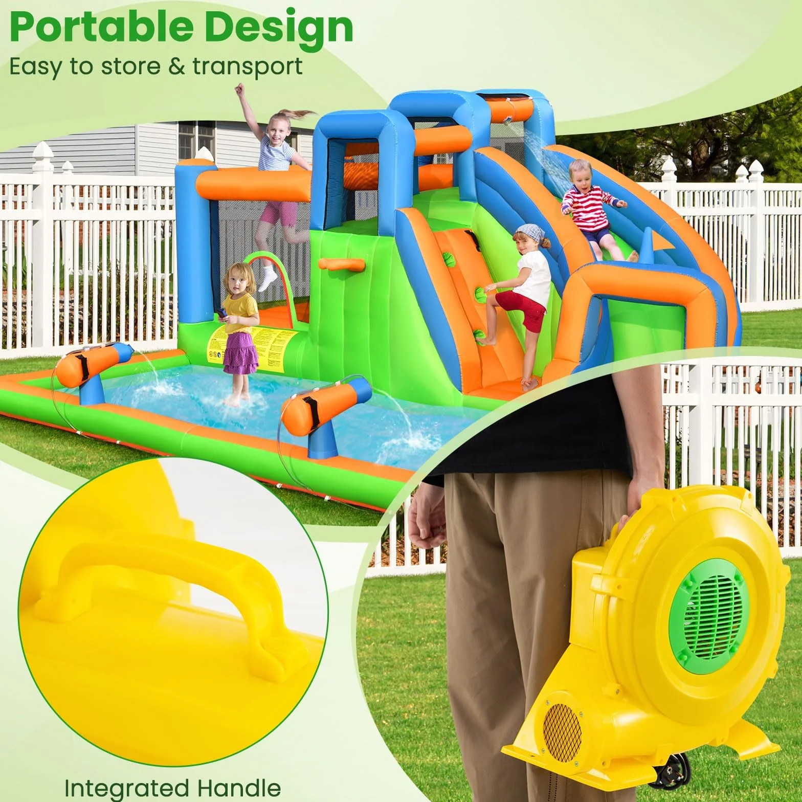 FANTASK Bomba de Ventilador para Castillo Hinchable, 850 W, para Juguetes inflables, soplador con Mango y Anclaje al Suelo