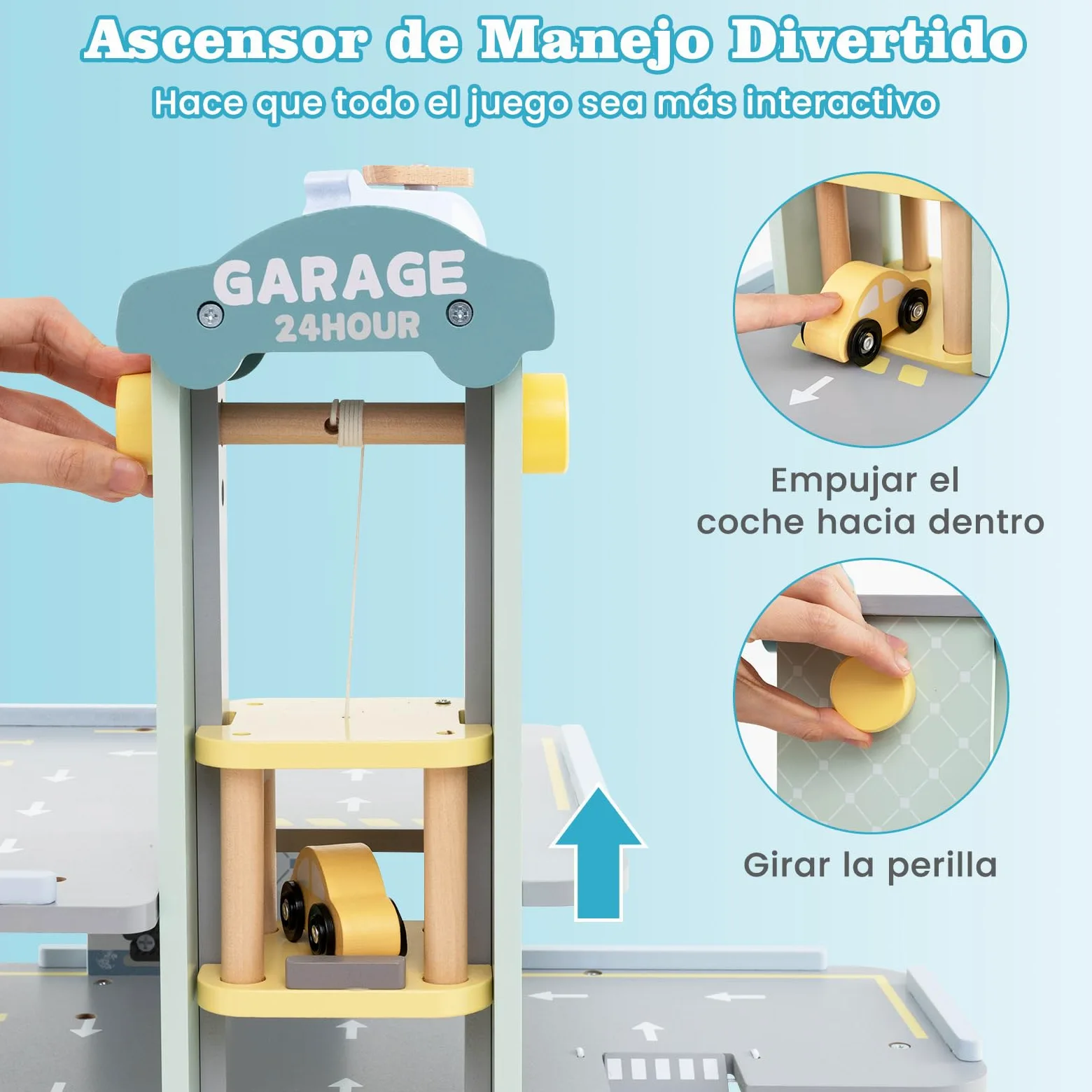 COSTWAY Parking Infantil de 3 Plantas, Garaje de Juguete de Madera con 4 Autos, Helipuerto, Gasolinera, Elevador, Lavado de Autos y Varilla Elevadora, Juguetes Educativos de Roles para Niños