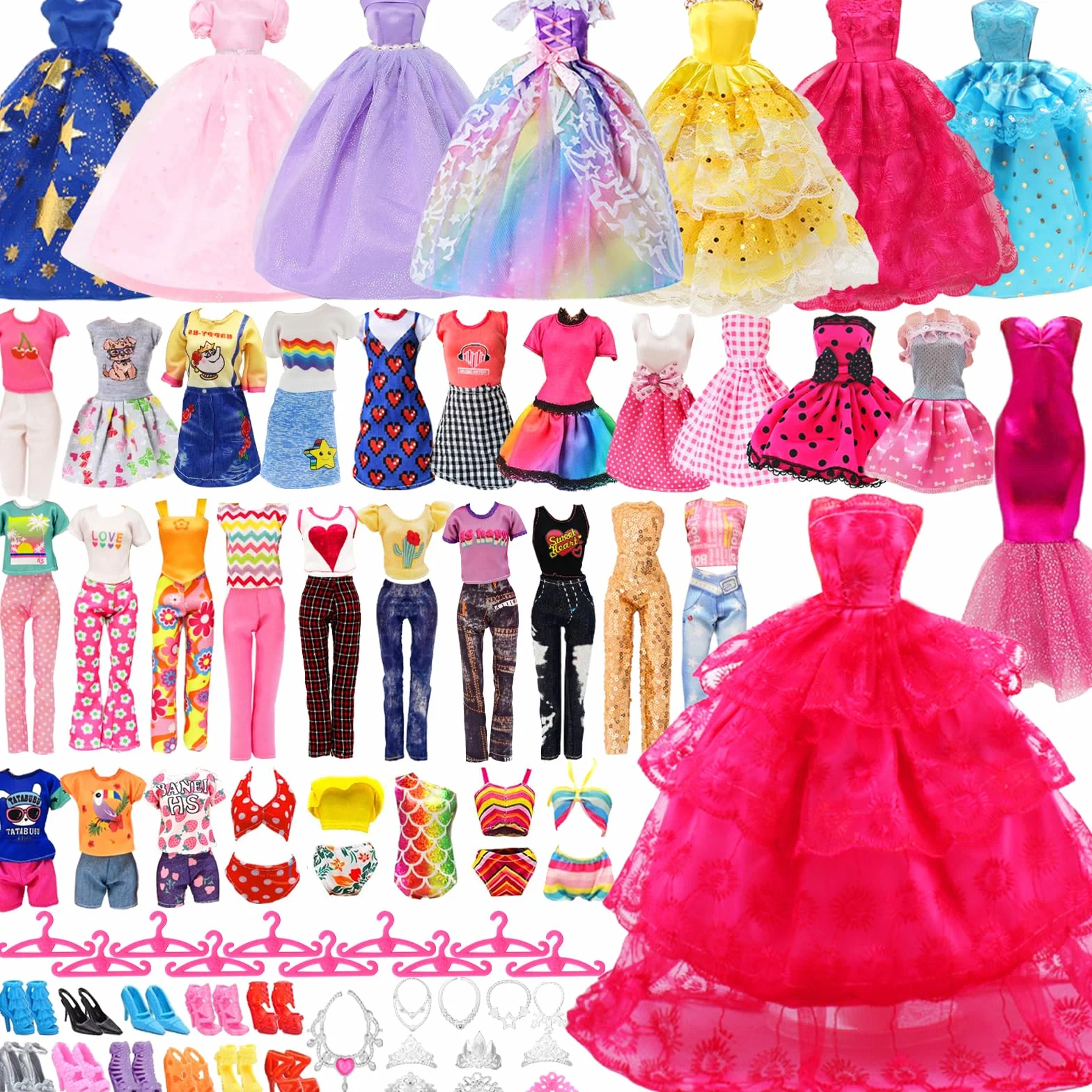 78 pcs Ropa y Accesorios para Muñecas, Incluir Vestidos de Fiesta, Vestidos, Tops y Pantalones, Bikini, Coronas, Collares,Pares de Zapatos,Perchas para 30 CM/11.5 Pulgadas Muñecas, Regalos para Niñas