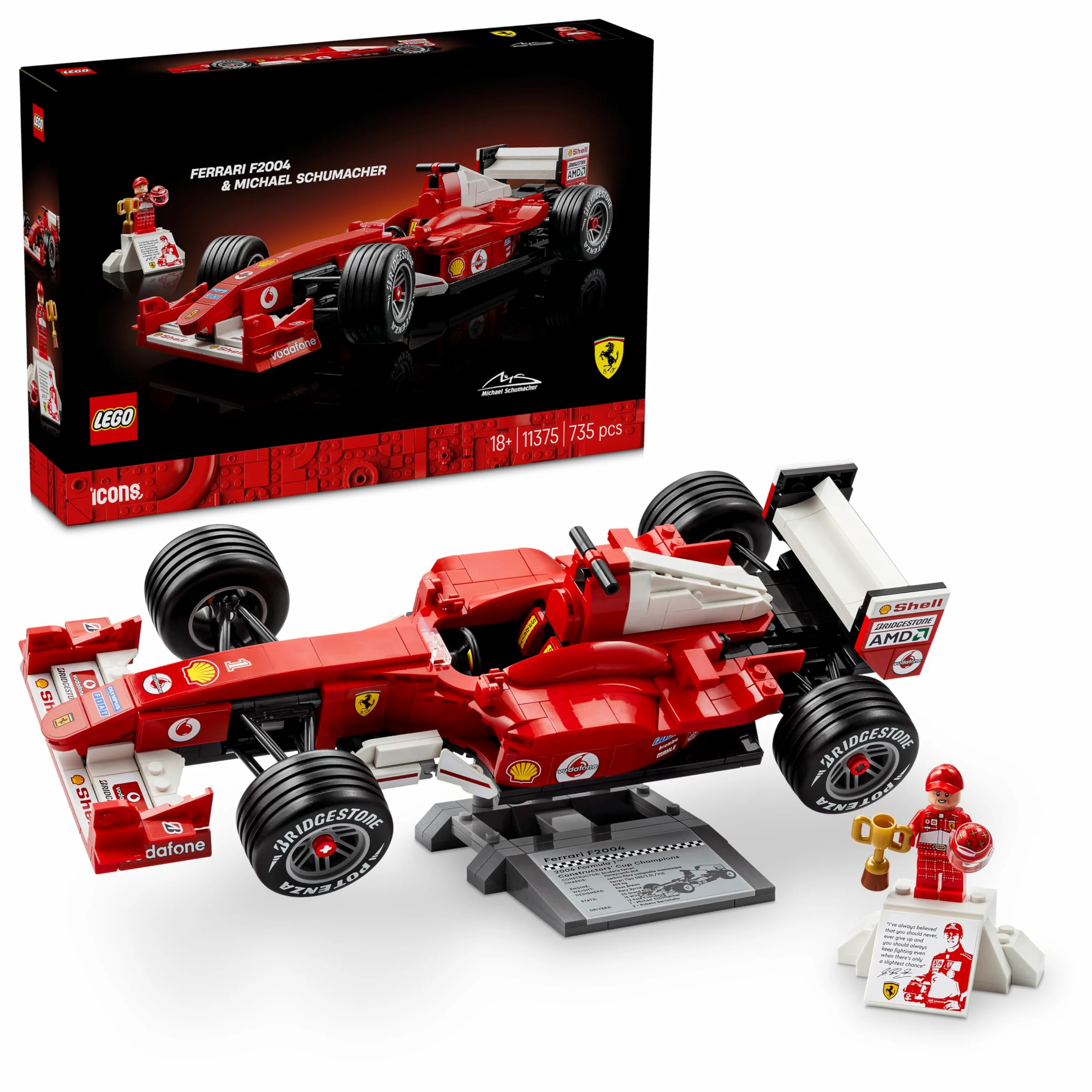 LEGO Icons Ferrari F2004 y Michael Schumacher - Maqueta para Adultos de Coche de F1 - Motor V10 con Minifigura de Piloto Coleccionable - Regalo para Hombres y Mujeres Fans de la Fórmula 1-11375