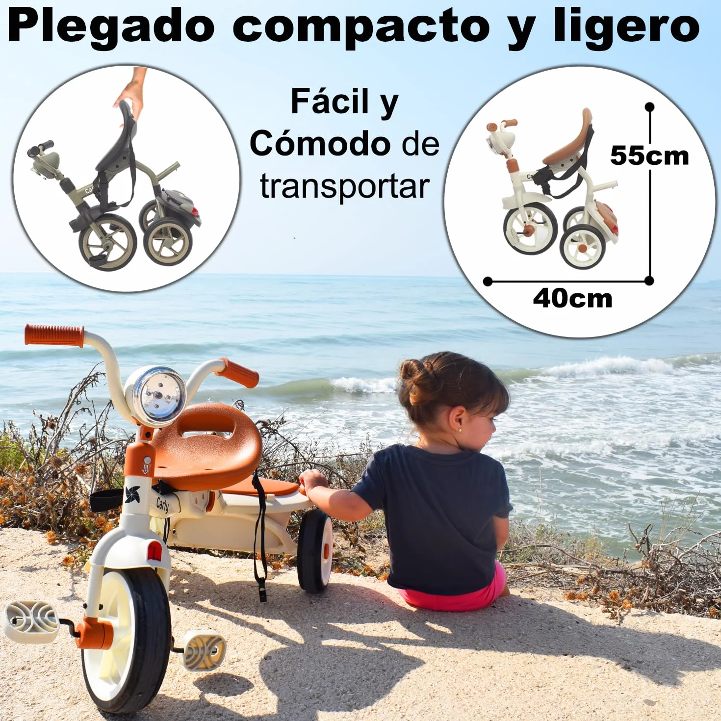 Twinly Triciclo Evolutivo Plegable Carly, Blanco, 1-5 Años | Ligero y Compacto, Manillar con Luz y Sonido, Cesta Incluida, Barra de Empuje Ajustable