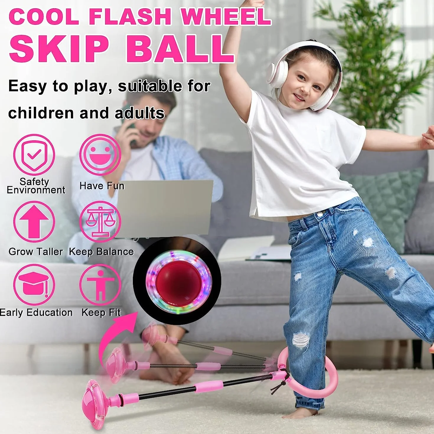 Bola de Salto de Tobillo, Skip It, Anillo de Salto Intermitente, Anillo de Salto de Tobillo Plegable, LED Saltar Bola para Niños, Equipo de Juguete de Fitness para Niños, Pelota de Baile (Rosa)
