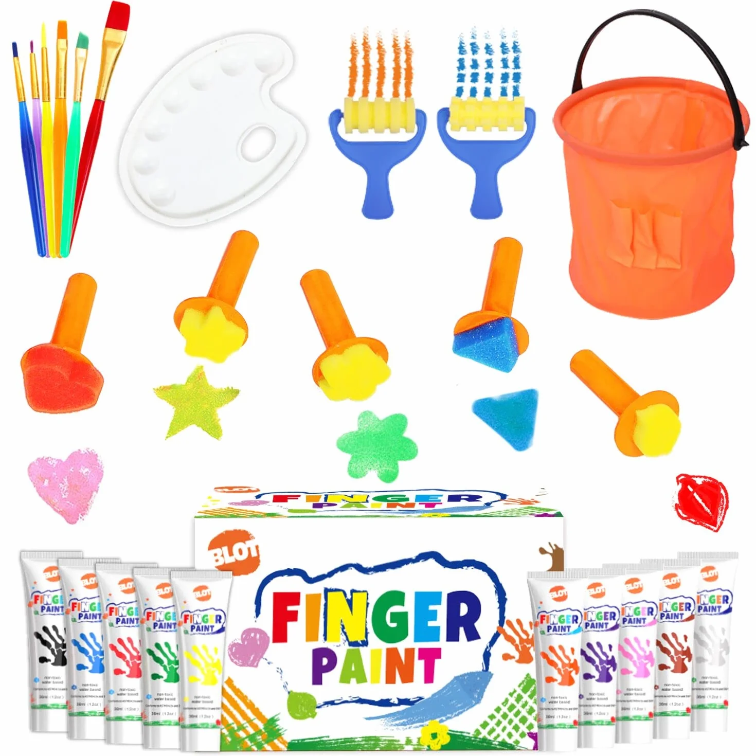 BLOT Pintura de Dedos para Niños Lavable Juego de Pintura para Dedos No Tóxicas con Pincel Esponja Paleta para Niños Infantes Escuela Jardín Aprendizaje Temprano