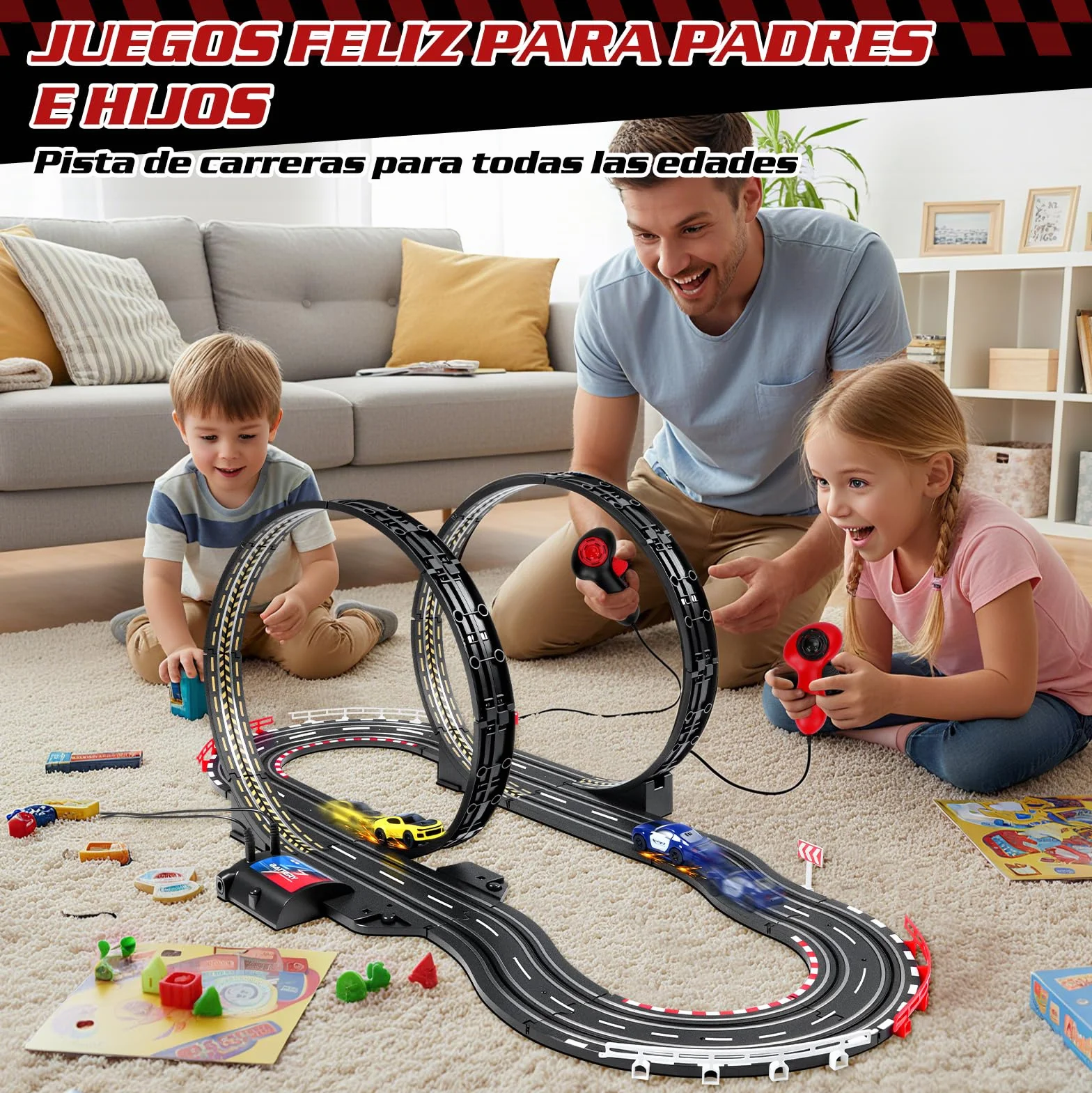 JONRRYIN Pista Carreras Electrica, Pista De Coches para Niños 1:64 Circuito Coches Pista Carreras Niños 3+ Años Juguete Regalos - 2 Coches, Bucle 360°, Contador Vueltas (308CM)