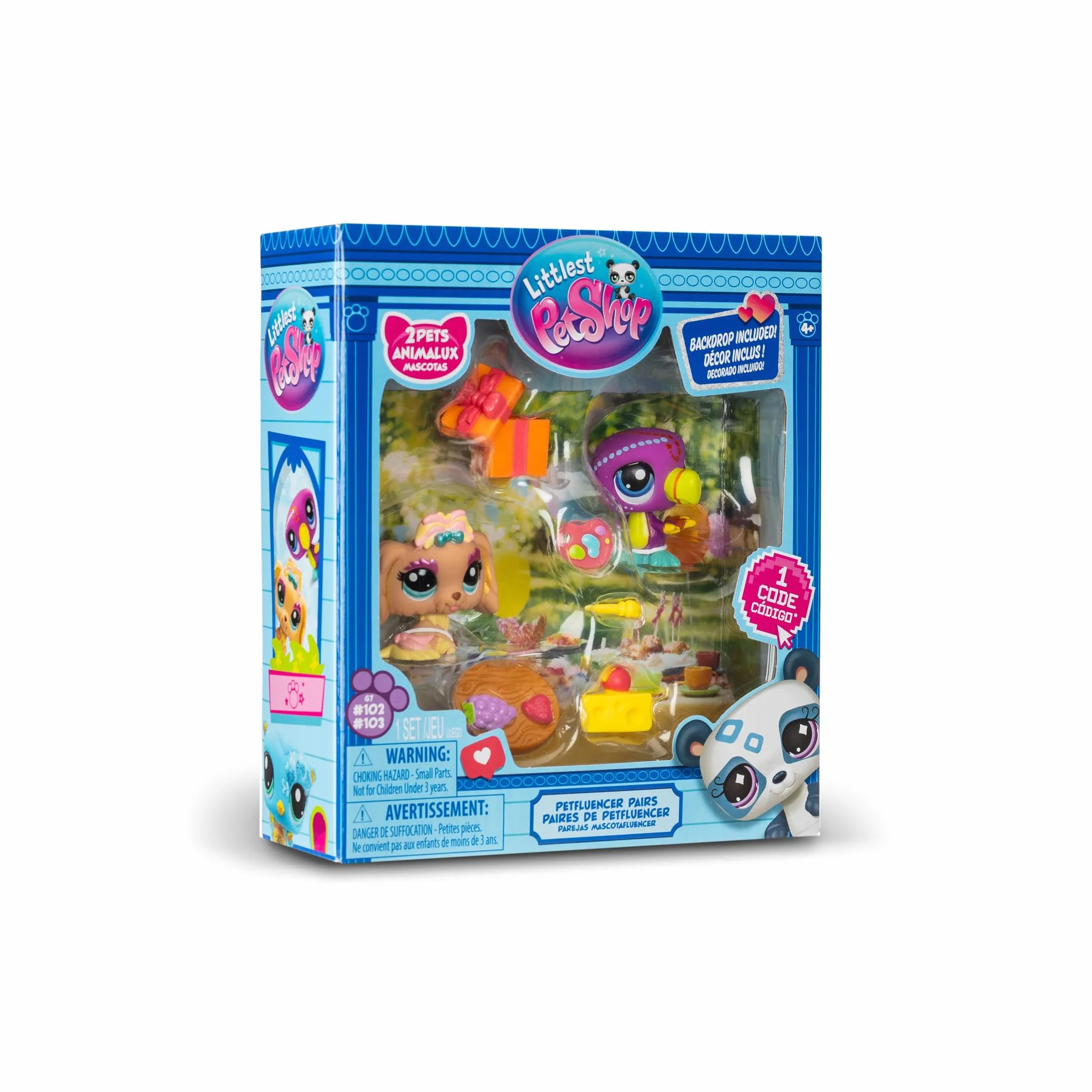 BANDAI Littlest Pet Shop Pack PETFLUENCERS Fiesta AL Aire Libre BF00572 Incluye 2 Mascotas, 4 Accesorios, 1 Fondo, 1 Tarjeta de coleccionista, 1 código Virtual, Generación 7, 4 años+