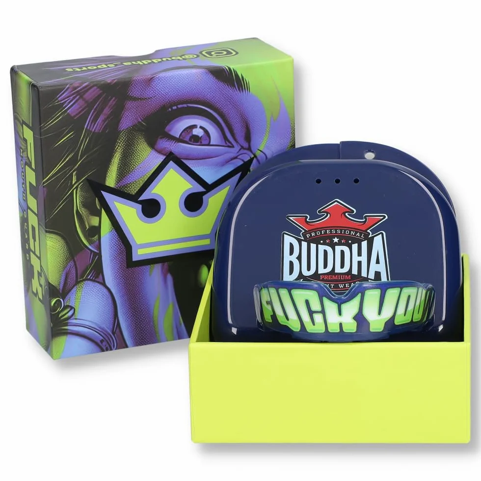 BUDDHA FIGHT WEAR Protector bucal Premium adultos y niños +12 Años para deportes de contacto rugby MMA kickboxing judo hockey boxeo Azul-Amarillo