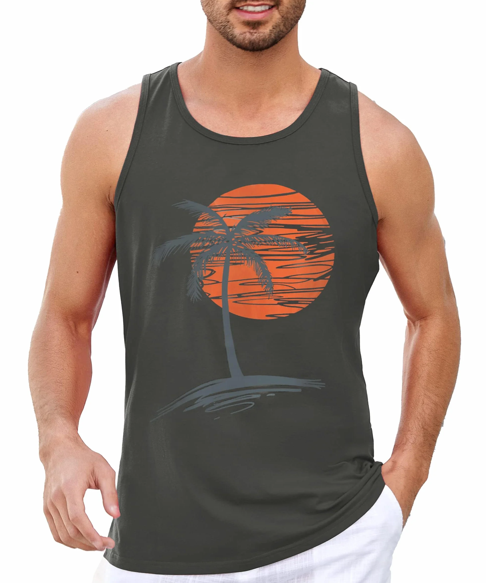 Runcati Camiseta de tirantes estampada para hombre, sin mangas, deporte, fitness, gimnasio, entrenamiento, camiseta interior de algodón transpirable