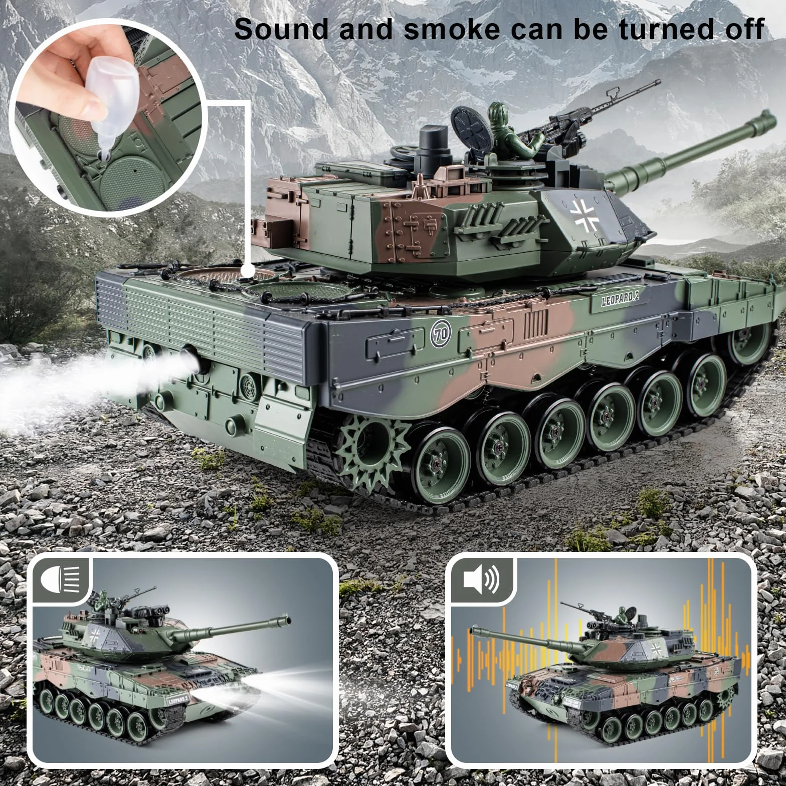 Supdex Tanque RC 1:18 Leopard II, con Luz, Humo y Sonido, Tanque de Juguete Militar a Control Que Dispara BBS y Bombas de Agua, Tanque Teledirigido Adulto y para Niños con Mando 2.4GHz