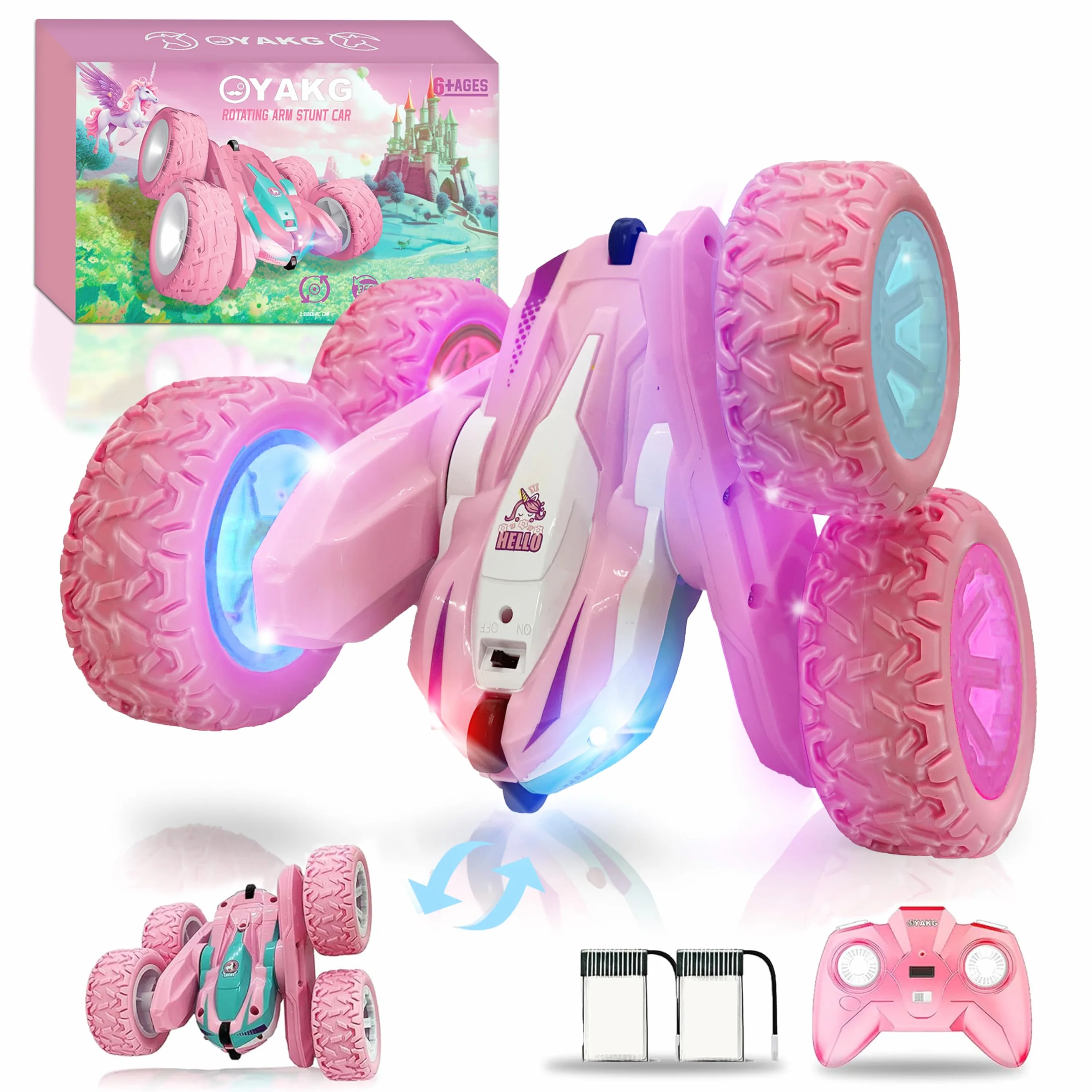 Coche Teledirigido 4WD Unicornio RC 2.4GHz 2 Baterias Rotación 360° Luz para Niños 3-10 años