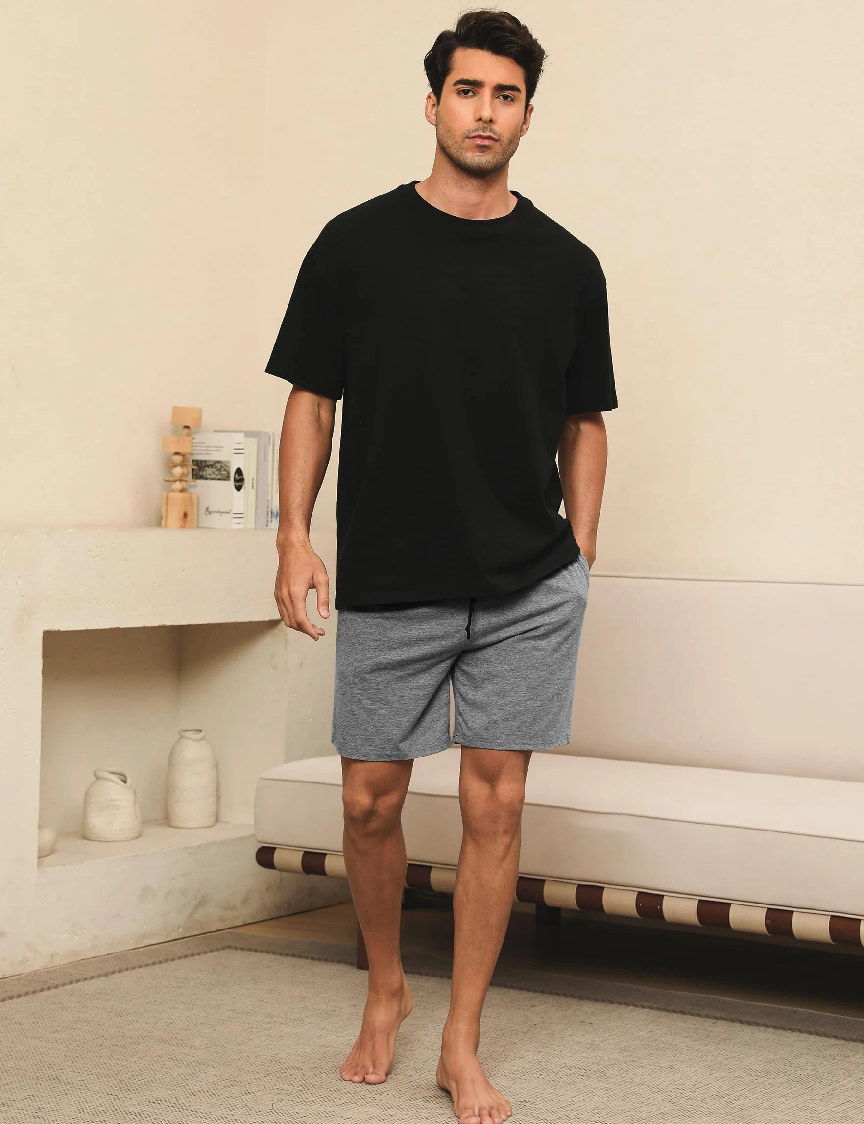Pantalones Pijama Cortos Hombre Algodón Verano Casuales Bermudas con Bolsillos S-3XL