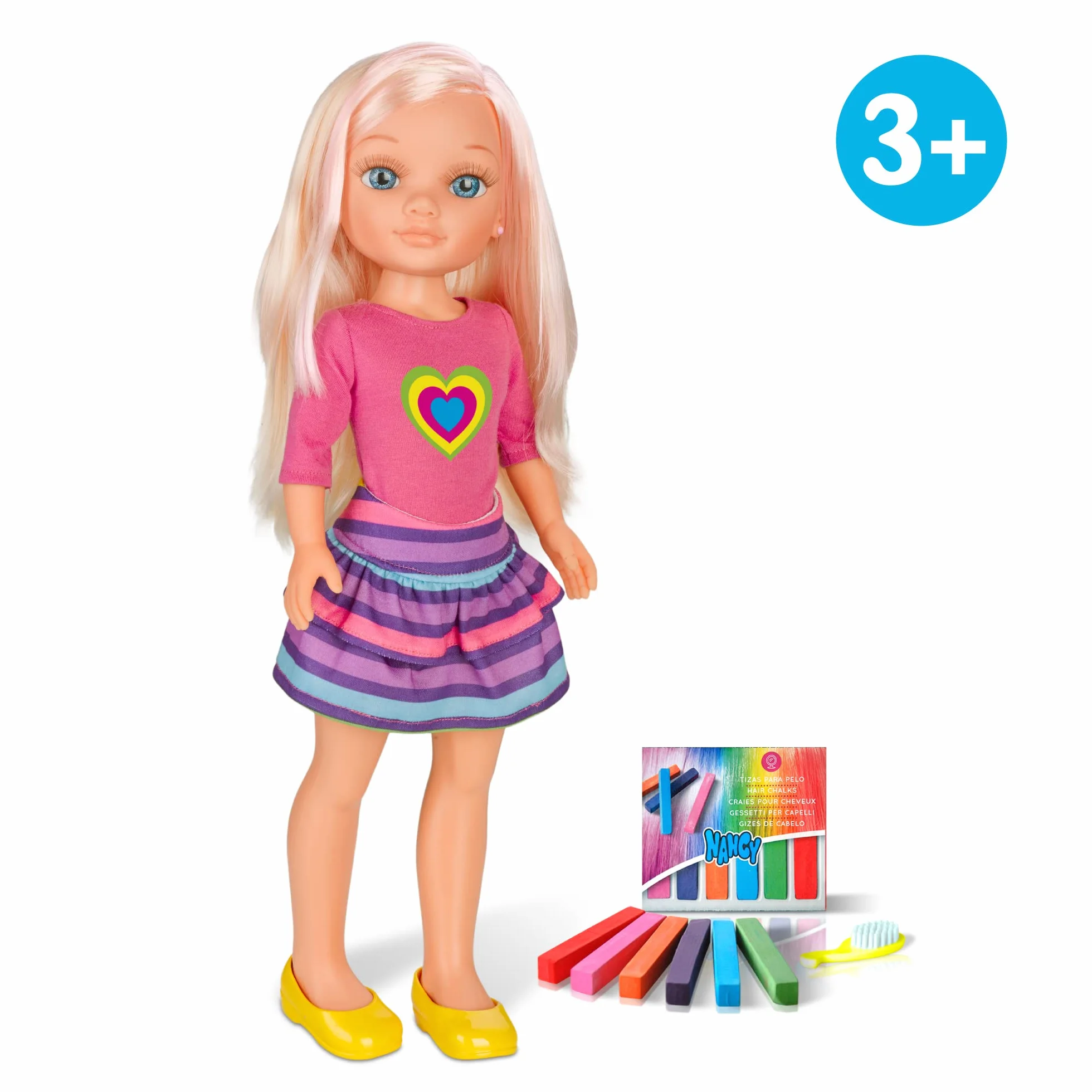 Nancy - Un día Haciendo mechas, Muñeca Rubia con Pelo Largo para Hacer Mechas y Peinados Creativos con Tizas de Colores, Accesorios Incluidos, Regalo para Niños y Niñas + 3 años, Famosa (700013865)