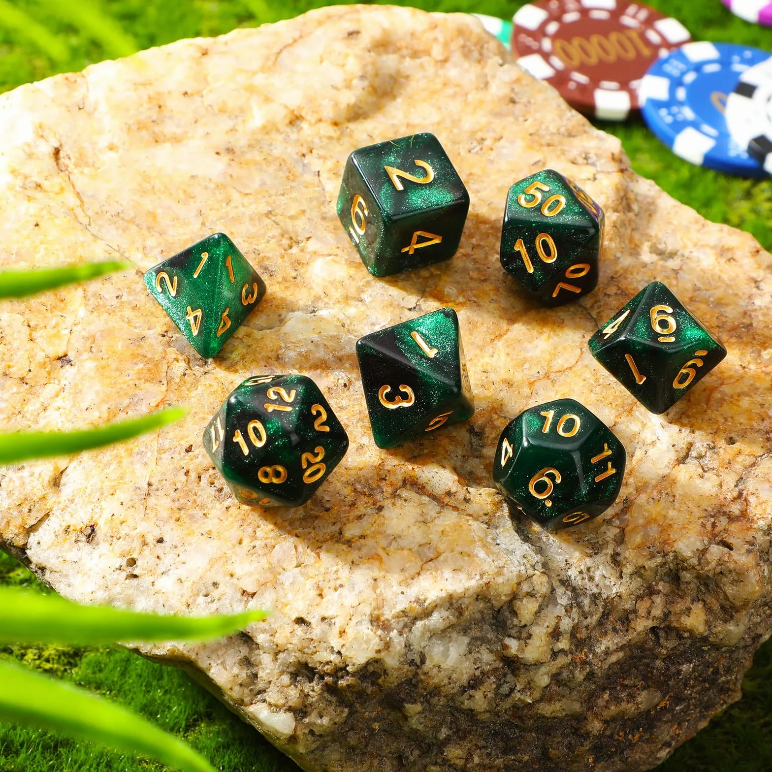 Set de 7 Dados Poliédricos DND con Bolsa Negra para Calabozos y Dragones de Juegos de rol RPG (Nebulosa Verde Negra)