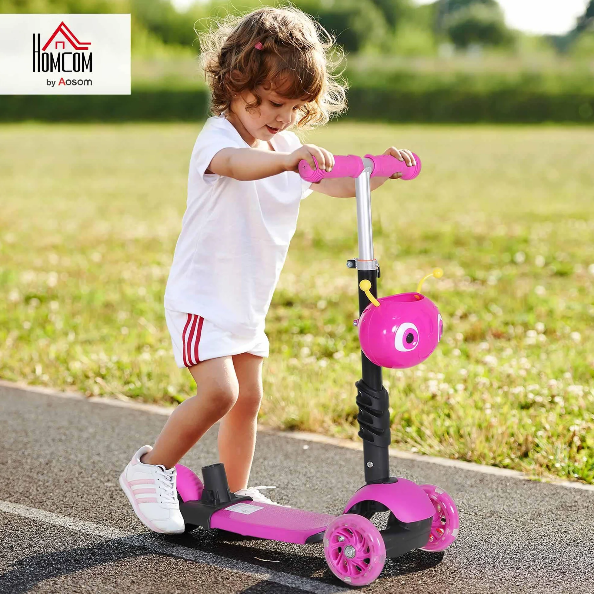 HOMCOM 3 en 1 Patinete para Niños de +18 Meses Scooter de 3 Ruedas con Asiento Extraíble Manillar Mango de Empuje Altura Ajustable 62x25x72,5 cm Rosa