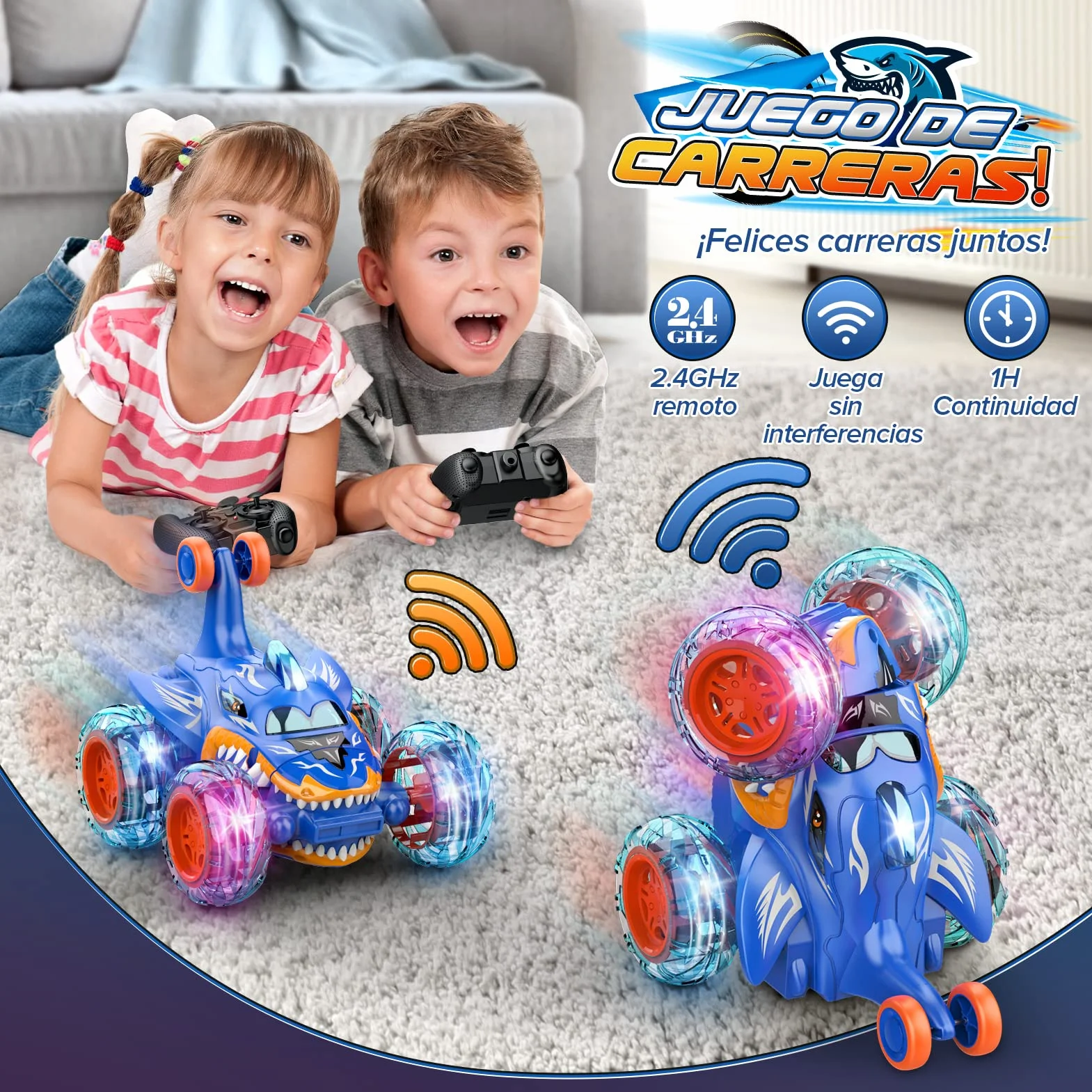 Coche Teledirigido 2.4GHz 4WD LED Monster Truck, Juguetes para Niños Azul