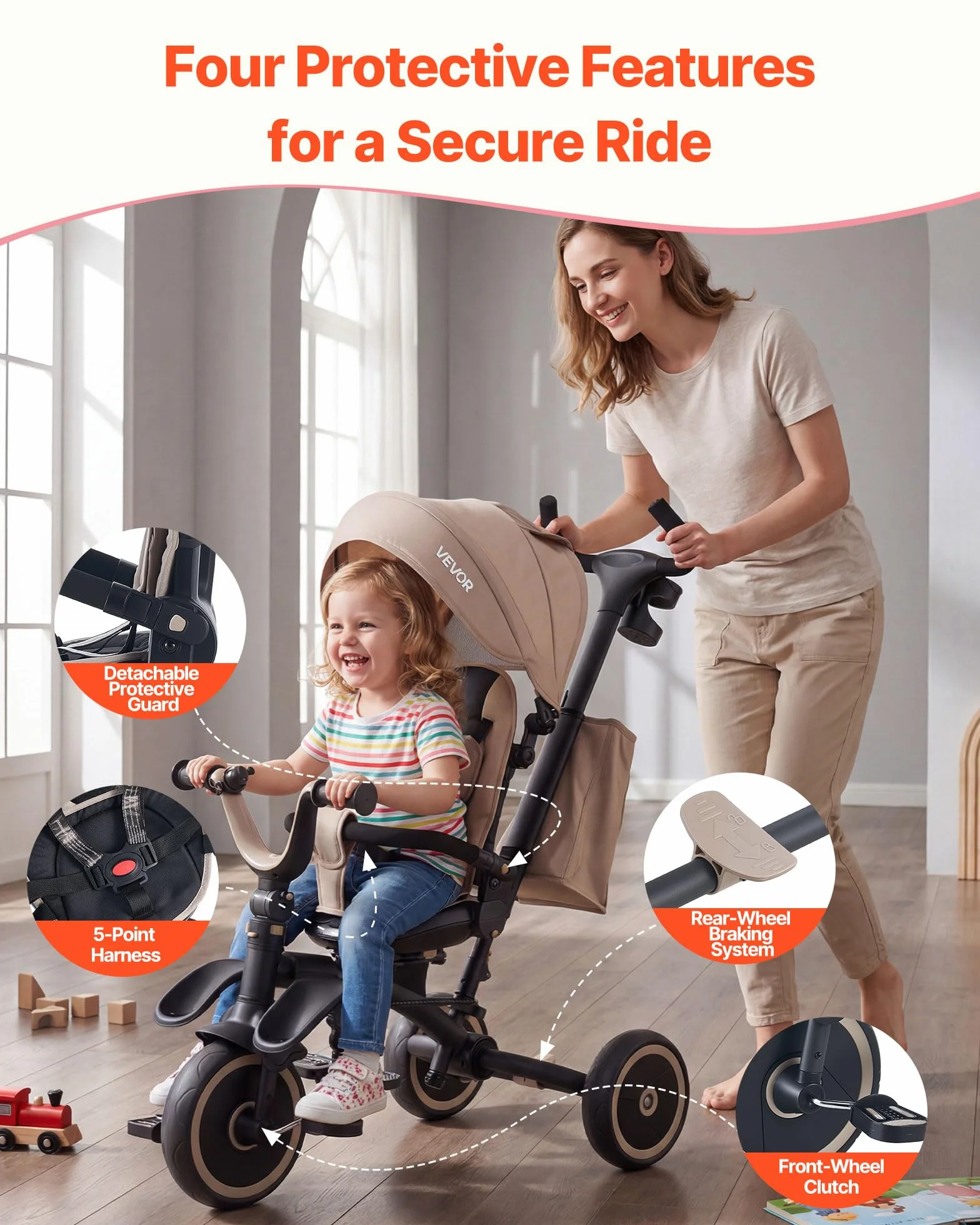 VEVOR Triciclos Plegable para Niños de 1,5 a 5 Años, Triciclo Infantil con Manillar de Empuje, Capota, Asiento Giratorio, Espacio de Almacenamiento, Cuadro de Acero al Carbono, Caqui y Negro