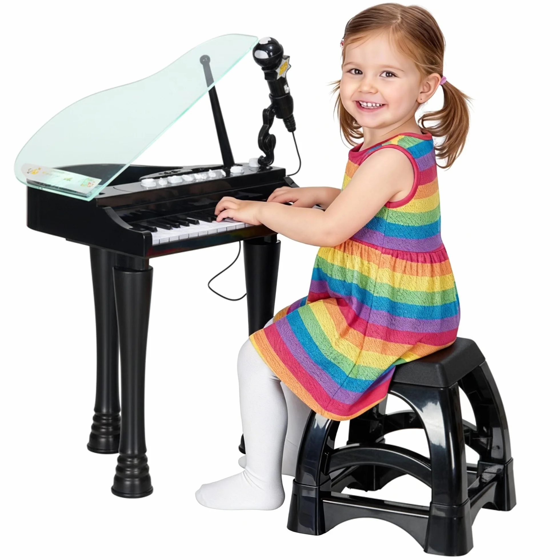 AIYAPLAY Piano Electrónico Infantil de 32 Teclas Juego de Piano con Micrófono Taburete Luces 22 Canciones 4 Sonidos Patas Desmontables y Volumen Ajustable 37x30,5x60,4 cm Negro