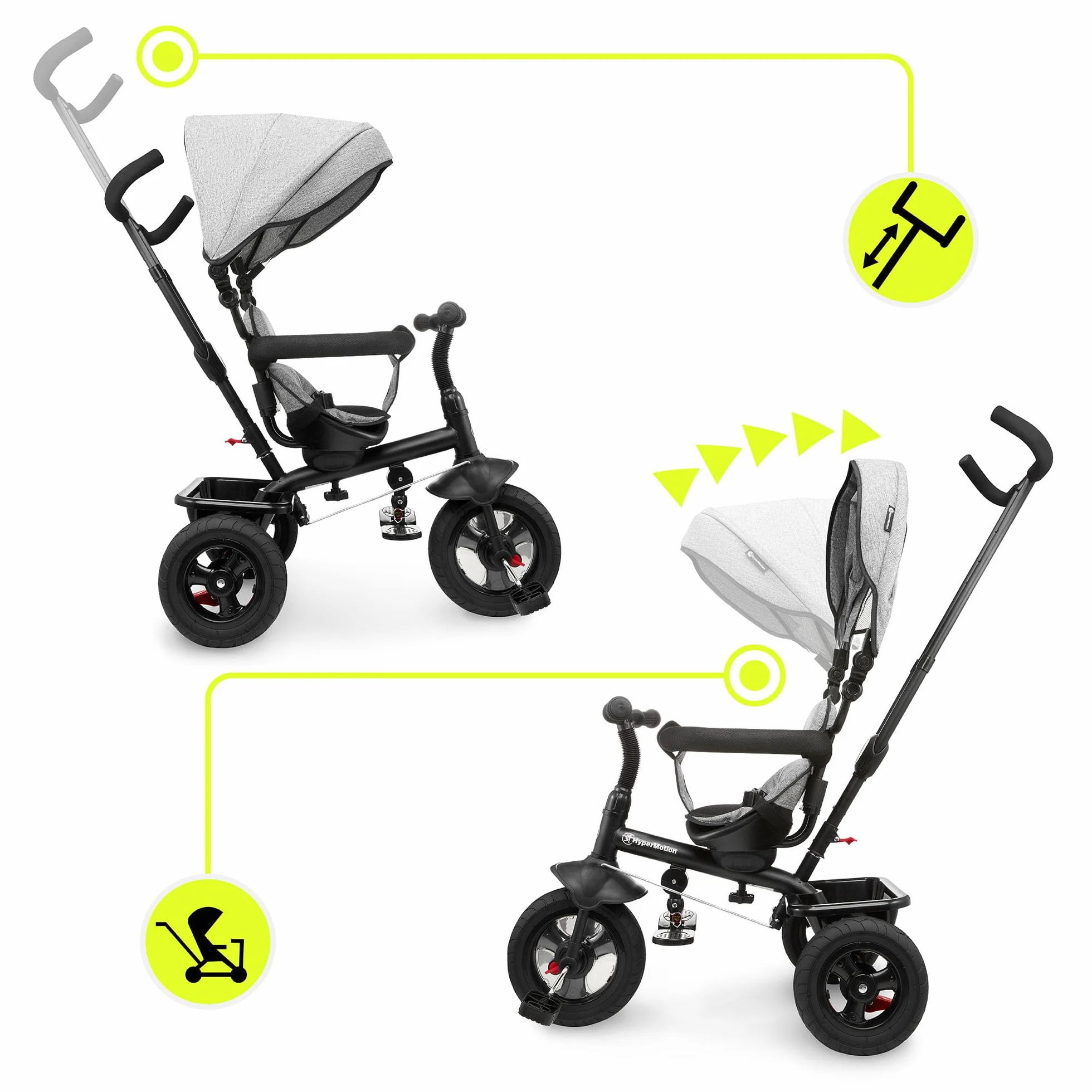 HyperMotion Triciclo Infantil con Manillar para Padres - Bici Bebé 1 Año Evolutiva hasta 20kg - Modelo Similar Kinderkraft con Barra de Empuje - Saltador Bebe Gris