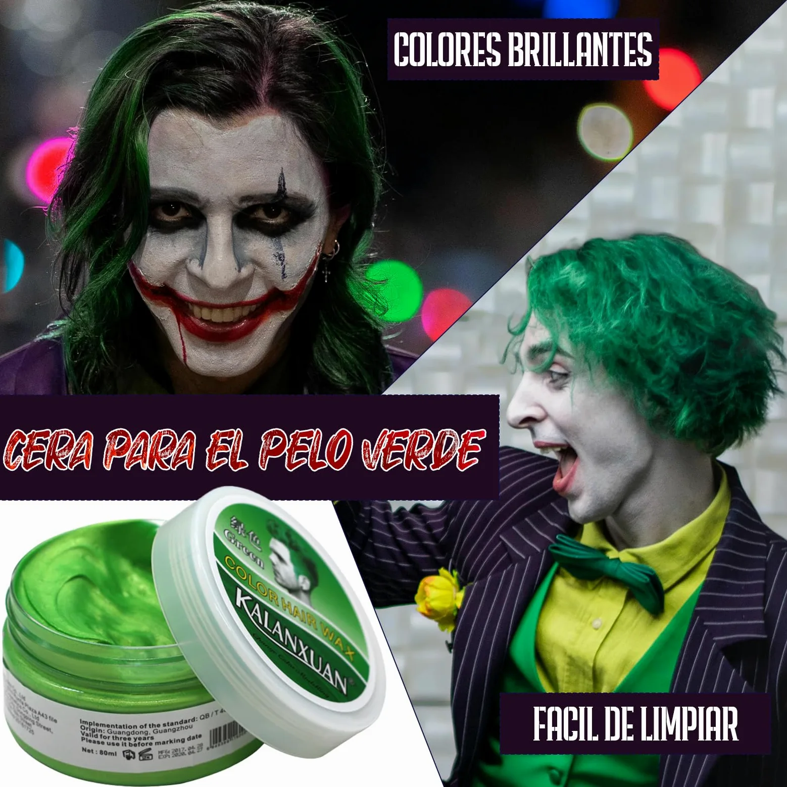 IEEILULU Disfraz Joker Hombre, Disfraz de Payaso Terror Hombre Halloween Disfraz Joker con Abrigo Morado, Chaleco Verde, Pantalones, Corbata, Cuello de Camisa Falso y Guantes para Halloween