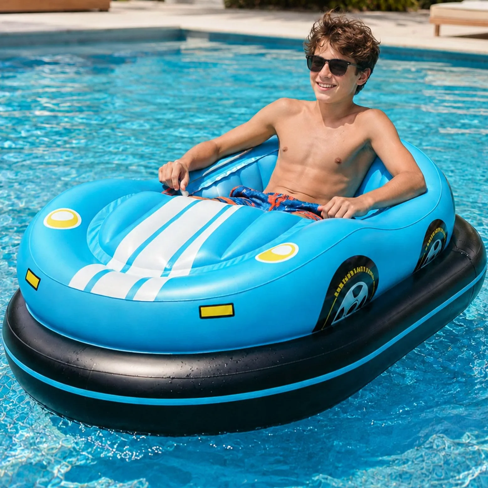Flotador hinchable motorizado de PVC para piscina, azul o rojo Blue | tumbona hinchable con control de joystick de 360°, soporta hasta 120 kg, silla de playa hinchable eléctrica de PVC