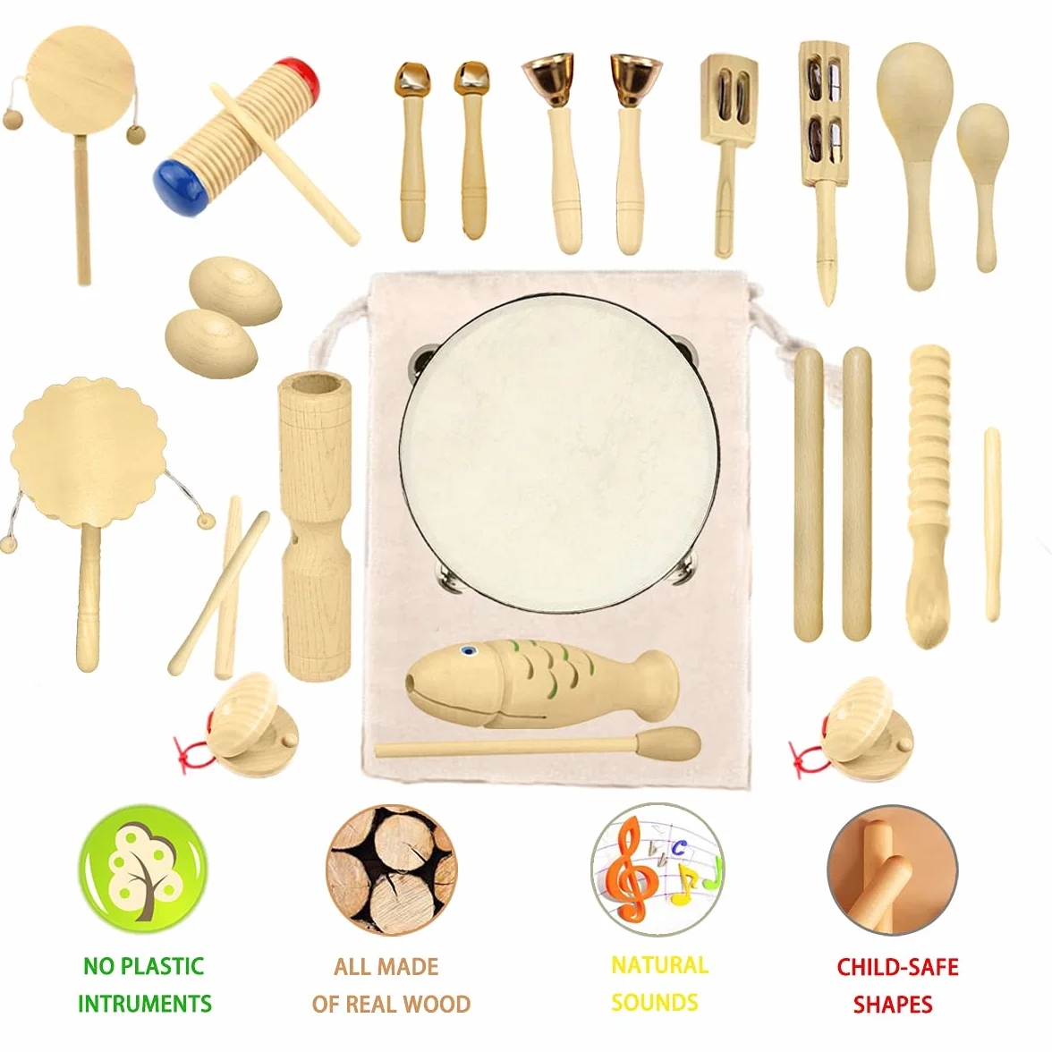 Instrumentos Músicales Infantiles, 27pcs Percusion Musicales Madera Set para Infantil, Niños y Bebe, Madera 100% Puro de Juguete Musical, Kit de Ritmo de Percusión Premium y Bolsa de Algodón