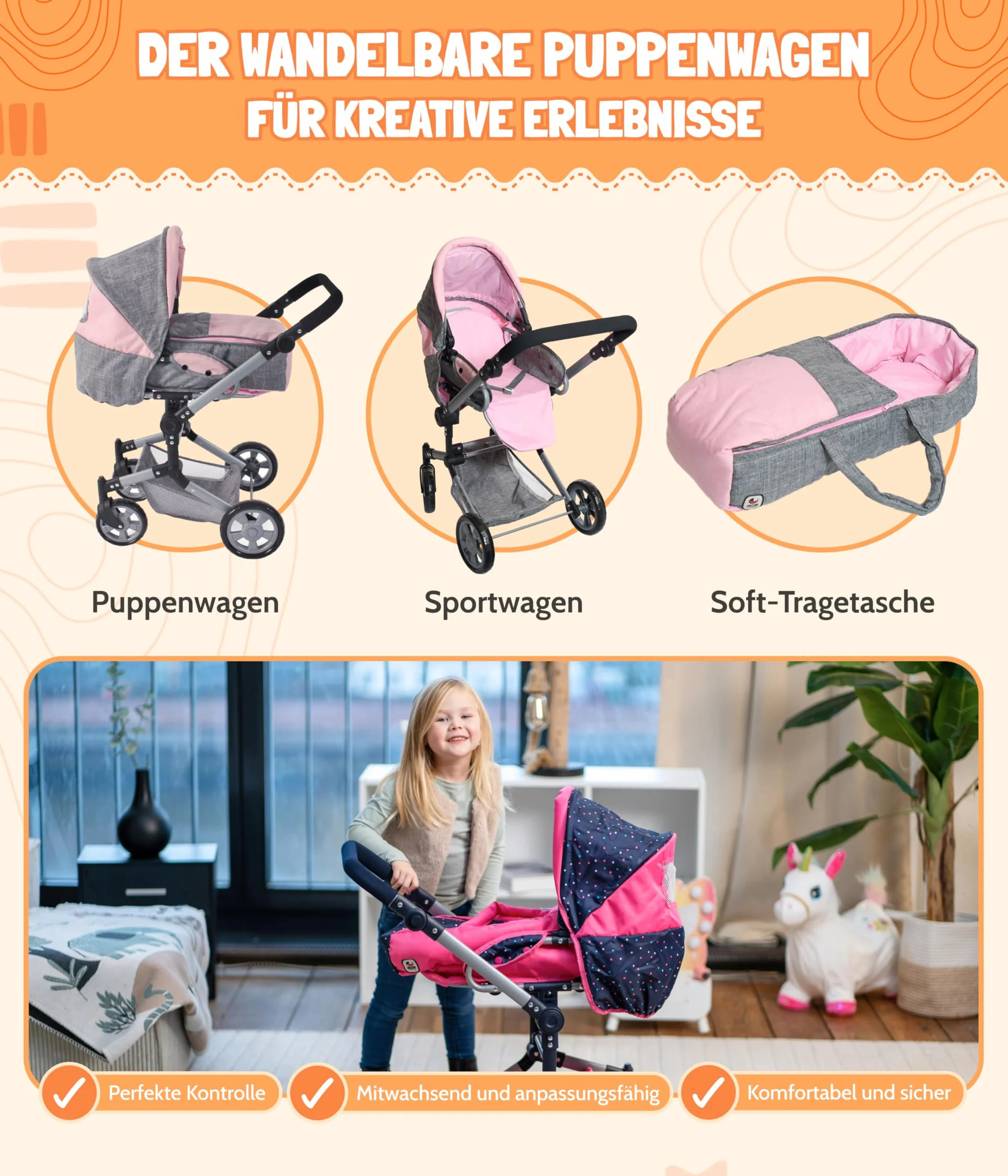 Bayer Chic 2000 Carrito 3 en 1 para muñecas Jara, Gris y Rosa, Plegable, Mango Regulable 47-78 cm, Bolsa Transporte