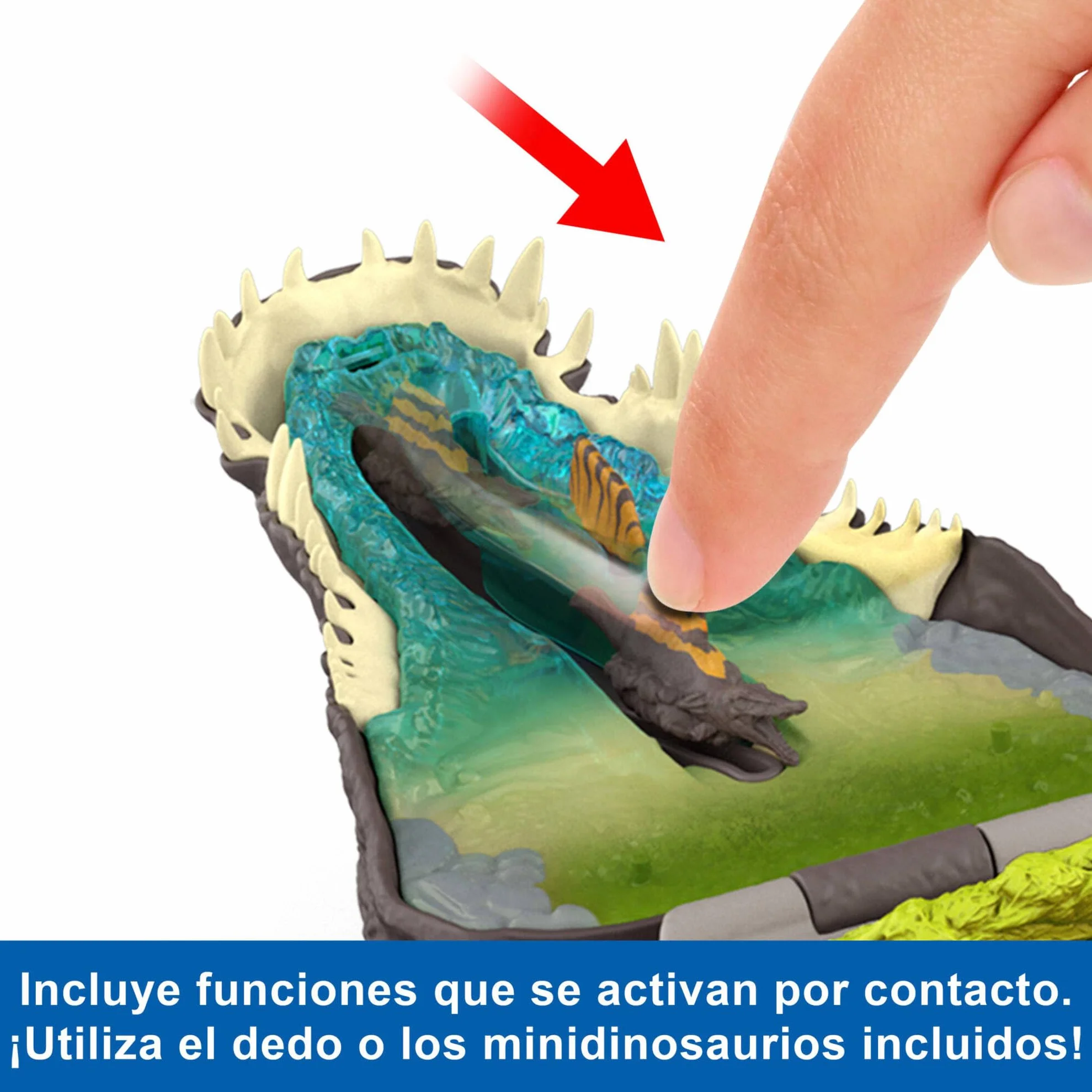 Mattel Jurassic World: El Renacer, Conjunto de juego Mini, la cabeza del Spinosaurio se abre, 4 funciones interactivas, 3 Micro figuras, Dinosaurio de juguete, JGB98