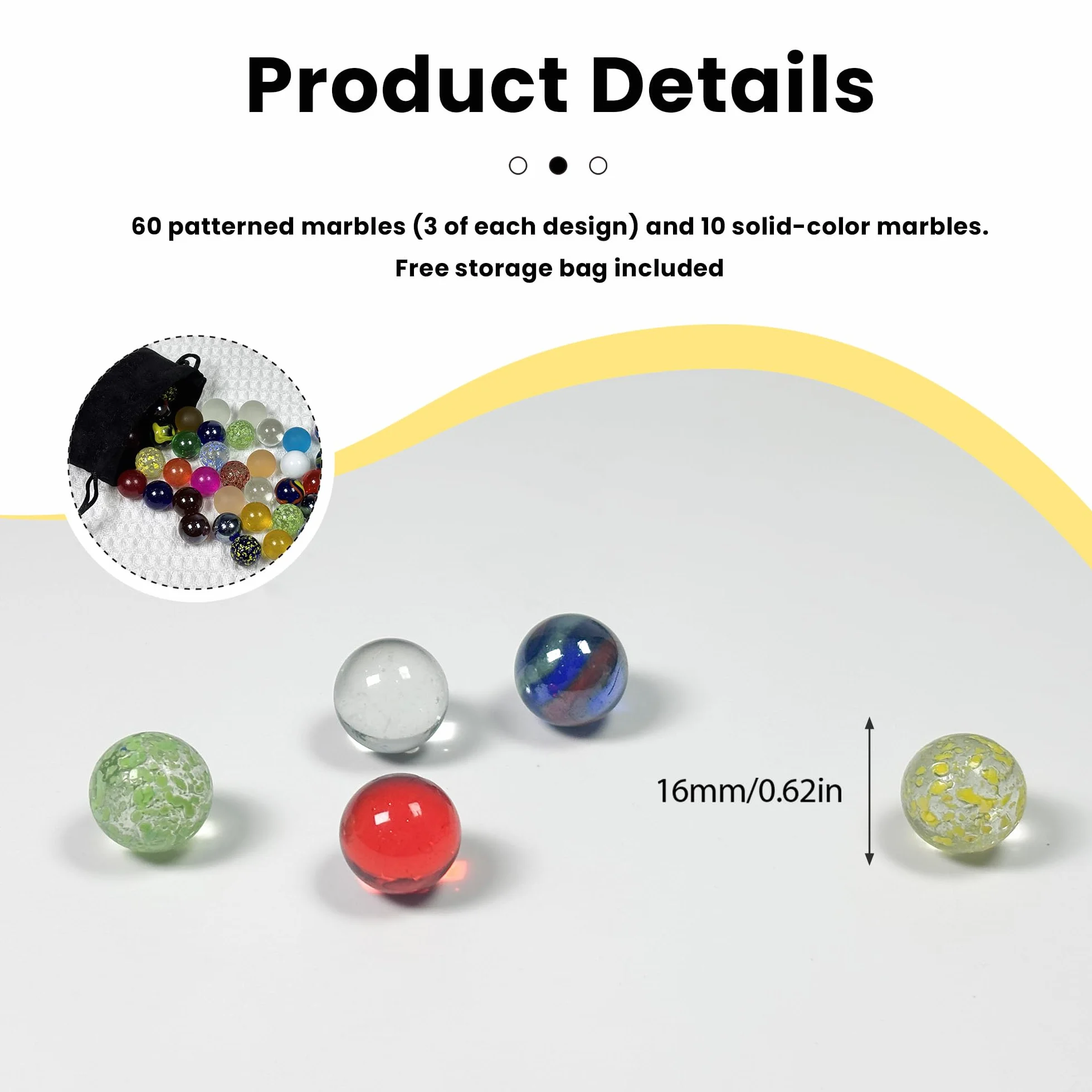 Juego de 70 bolas de cristal (16 mm x 60 - Pequeñas bolas de colores con motivos + 16 mm x 10 transparentes sin patrón), bolsa de almacenamiento para bolas de cristal, mezcla de bolas multicolores