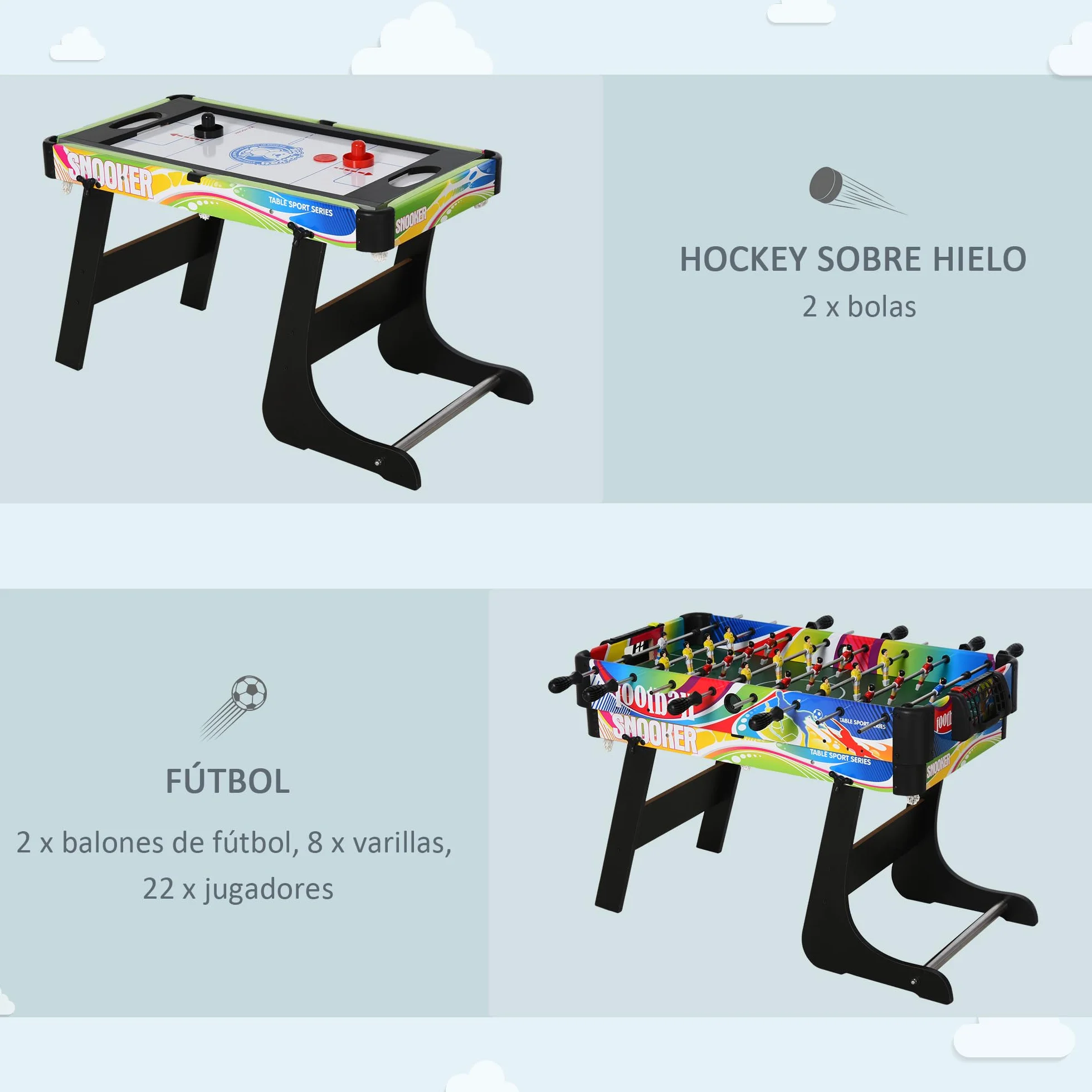 HOMCOM Mesa Multi Juegos Plegable 4 en 1 con Futbolín, Hockey, Billar y Ping-Pong, Mesa de Juegos de Sobremesa con Accesorios Incluidos, Diversión en Casa, 86,5x43,5x64 cm