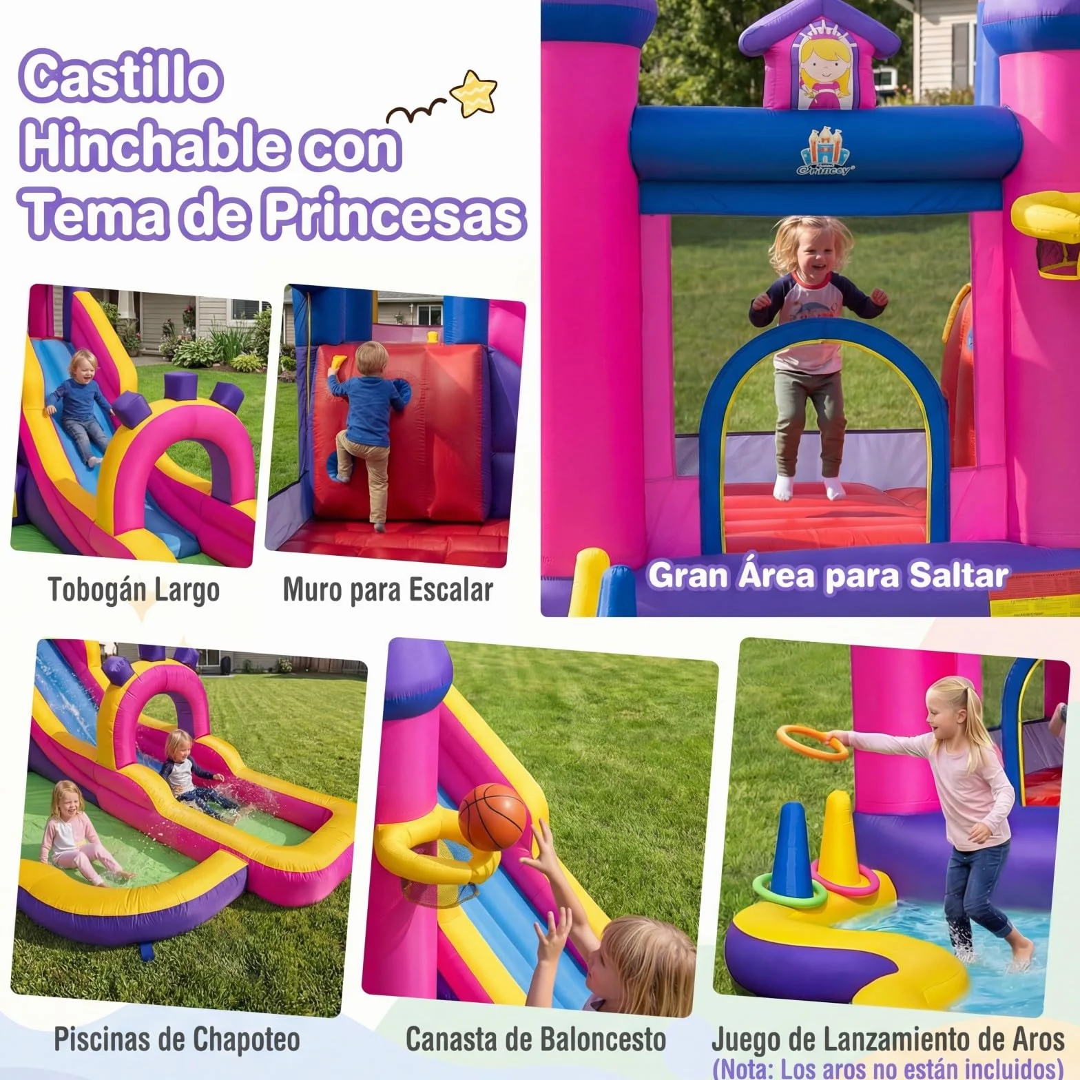 COSTWAY Castillo Hinchable para Niños, Parque Infantil Acuático Tema de Princesas con Tobogán Largo, Canasta de Baloncesto, insuflavel criança para Niños, Jardín, Césped, 460x290x245 cm (sin Soplador)