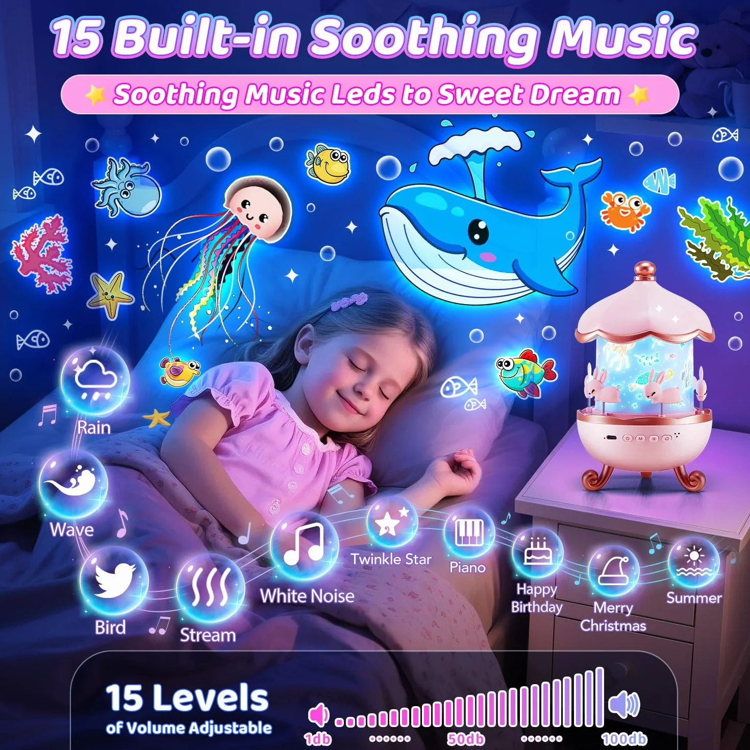 One Fire Proyector Estrellas, Regalo Niña y Luz Nocturna Infantil con 315 Modos & 15 Films, Juguete Educativo 360° como Ayuda para Dormir, Recargable con 15 Músicas, Mando y Temporizador