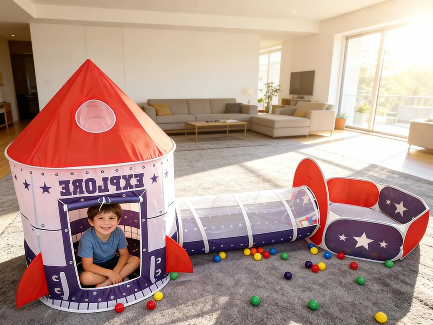 3 en 1 Kids Play Tienda Tunel de rastreo y Bola Hoyo Tienda de Playhouse Infantil con aro de Baloncesto, para Uso Interior y Exterior con Estuche portátil. (Rojo) (Azul Oscuro)