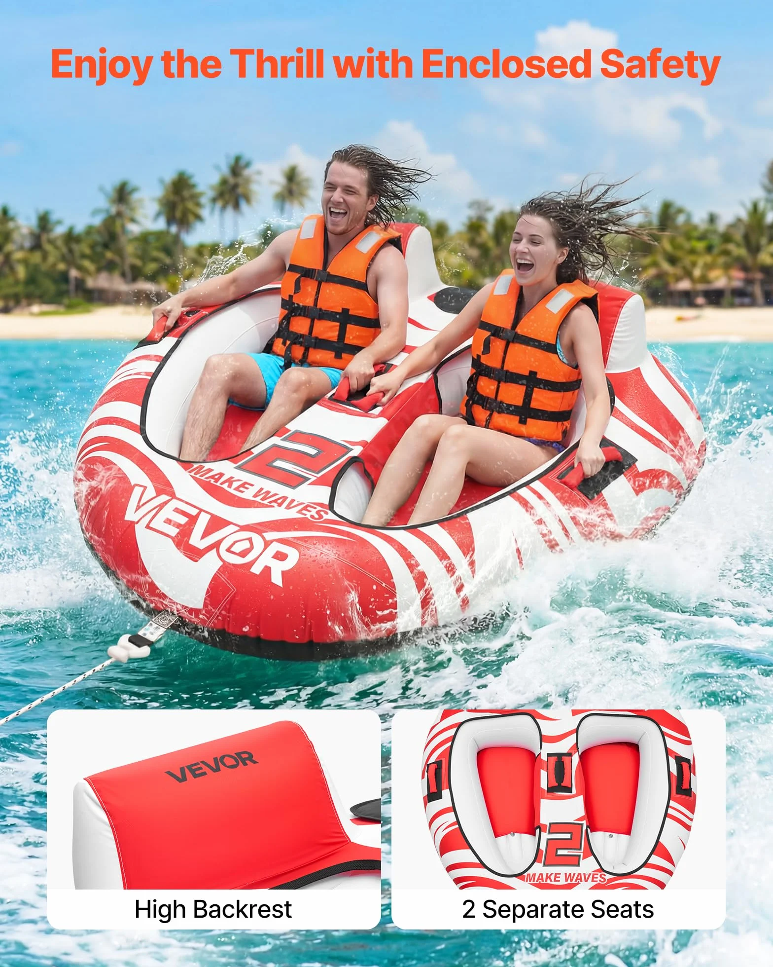 VEVOR Flotador de Arrastre Inflable para Deportes Acuáticos 163 x 160 x 56 cm, 2 Personas, 154 kg, Rojo