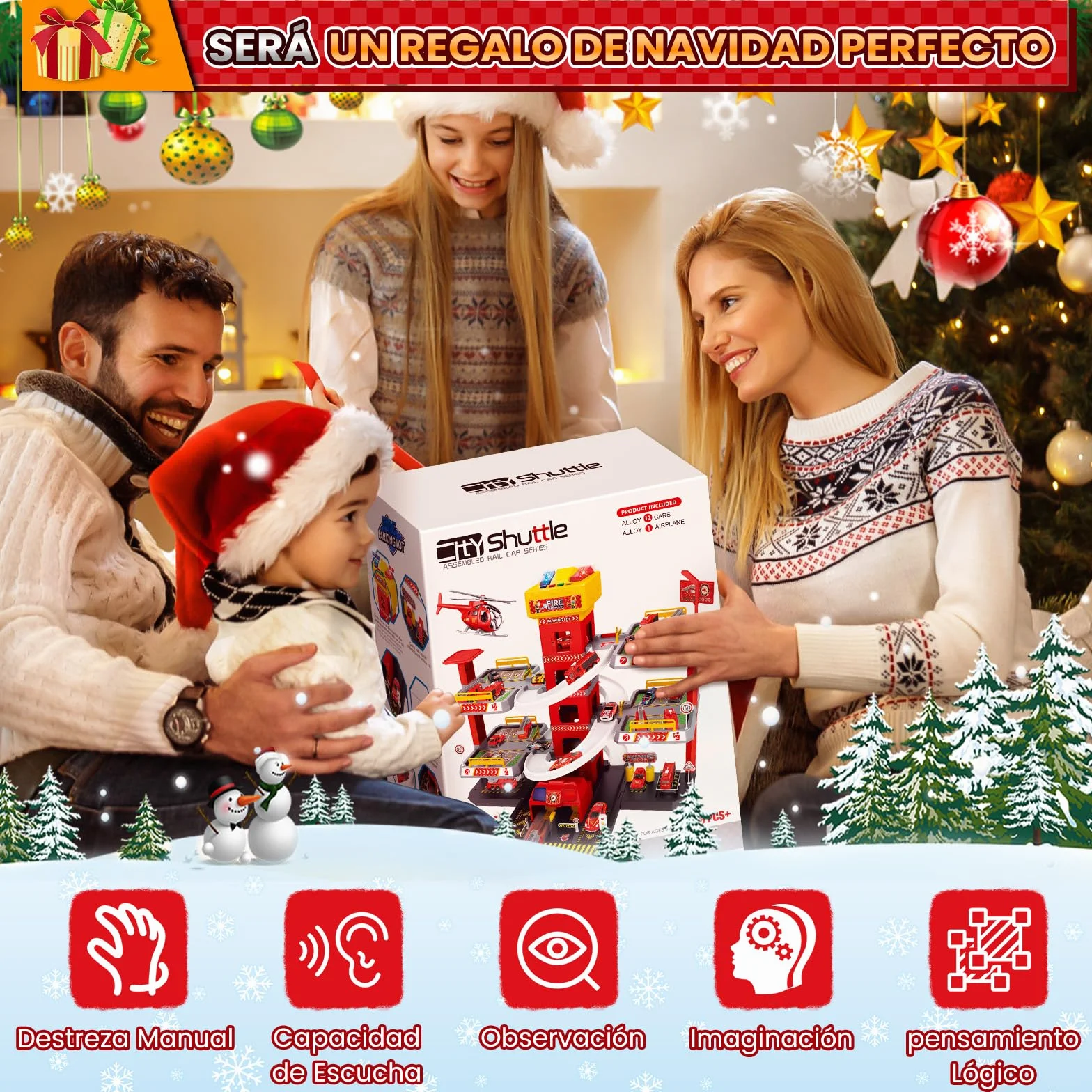 BuzzoXerex 5 Plantas Garaje Coches para Niños, Parking Molto con 14 Coches y 2 Helicóptero, Parking Juguete con Pista de Coches y Ascensor, Educativos Regalos para Niños 5 6 7 8 9 Años (Rojo)