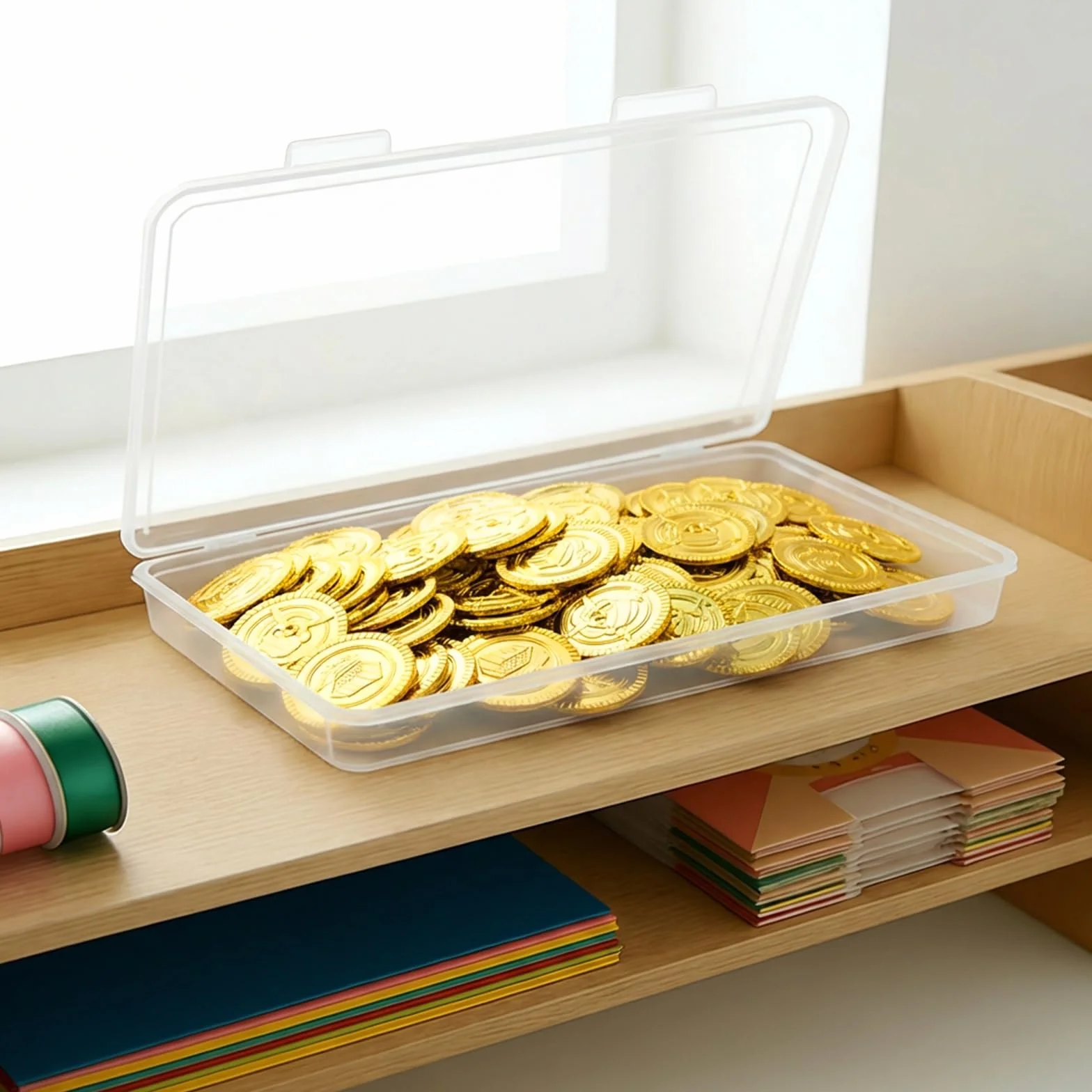 100 Piezas Piratas Monedas Juguete plástico Set | con Caja Transparente | Búsqueda del Tesoro Monedas de Oro, | Ideal para Decorar Fiestas de cumpleaños, sorteos de la Suerte, etc.