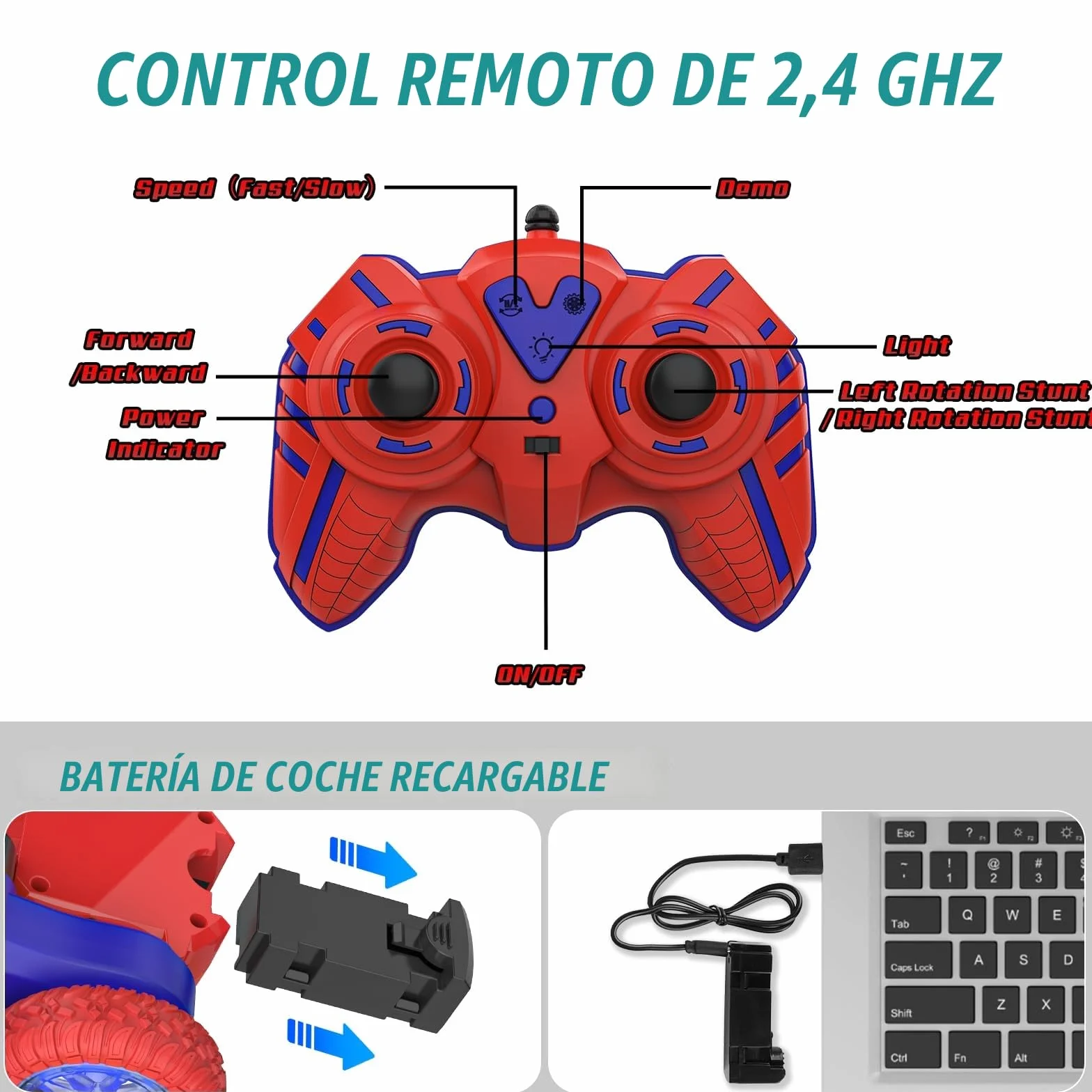 Coche Teledirigido Niños 4 5 6 7 8 9 10 Años, Spider Juguete Monster Truck RC Carro Radiocontrol Acrobático con Espectáculo de Luz, Remote Car Regalo Niña Cumpleaños Navidad Juego Infantiles Exterior