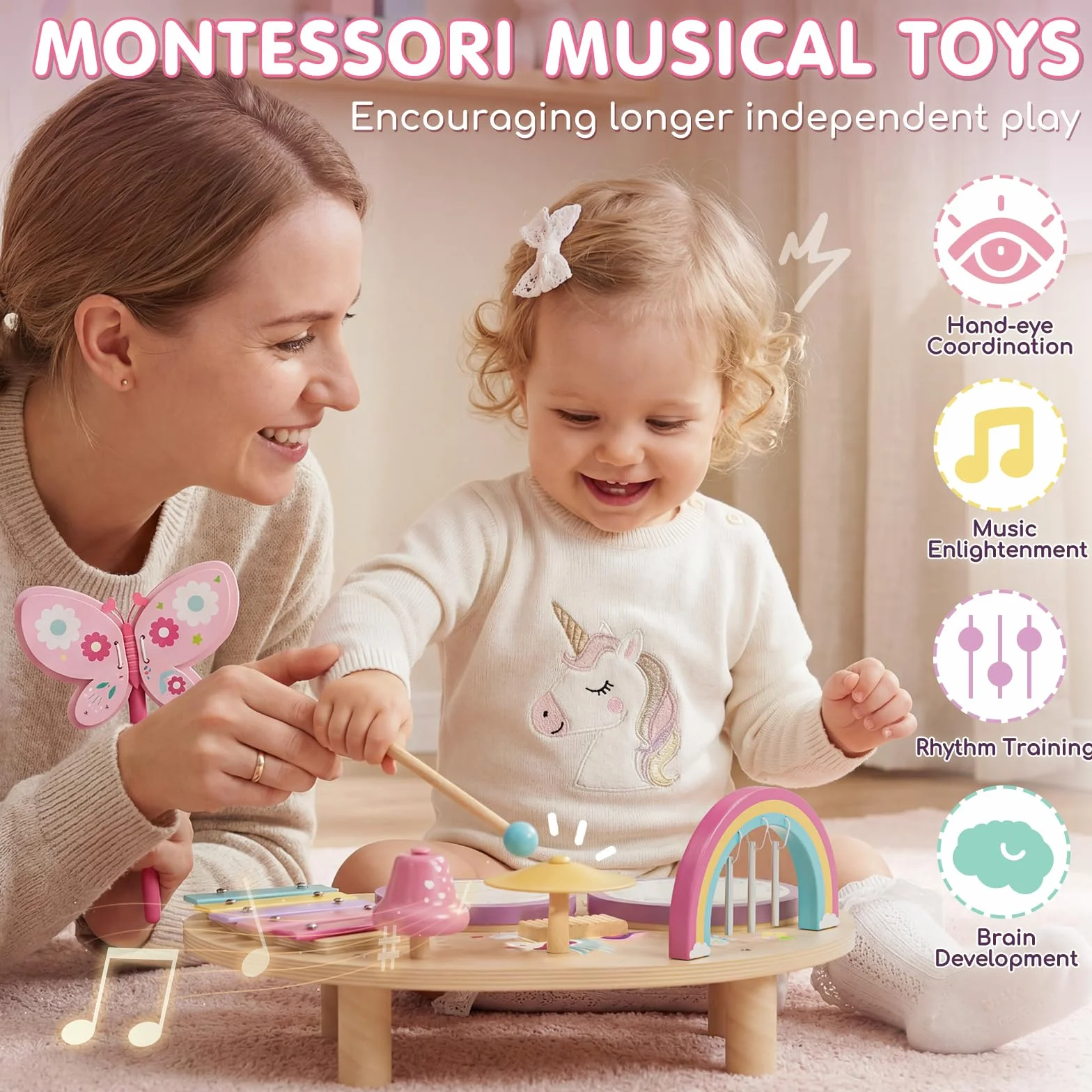Lehoo Castle Montessori Juguetes 1-3 Niños, Bebe Tambor Bateria Infantil, 9 IN 1 Instrumentos Musicales Brinquedos Juguetes de Mader Regalo Brinquedos Niño Niña 2 3 4 5 Años (Unicornio)