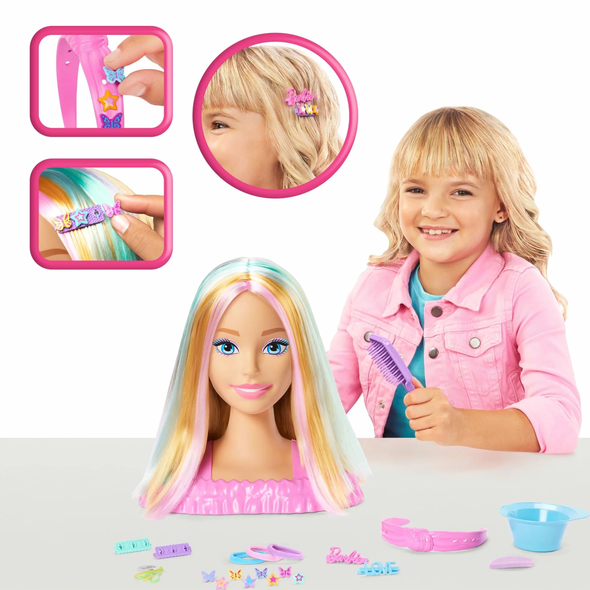 Barbie Busto para peinar, pelo rubio con más de 20 accesorios para hacer peinados, incluye pinzas para el pelo con forma de estrella y mariposa que cambian de color, JFG81