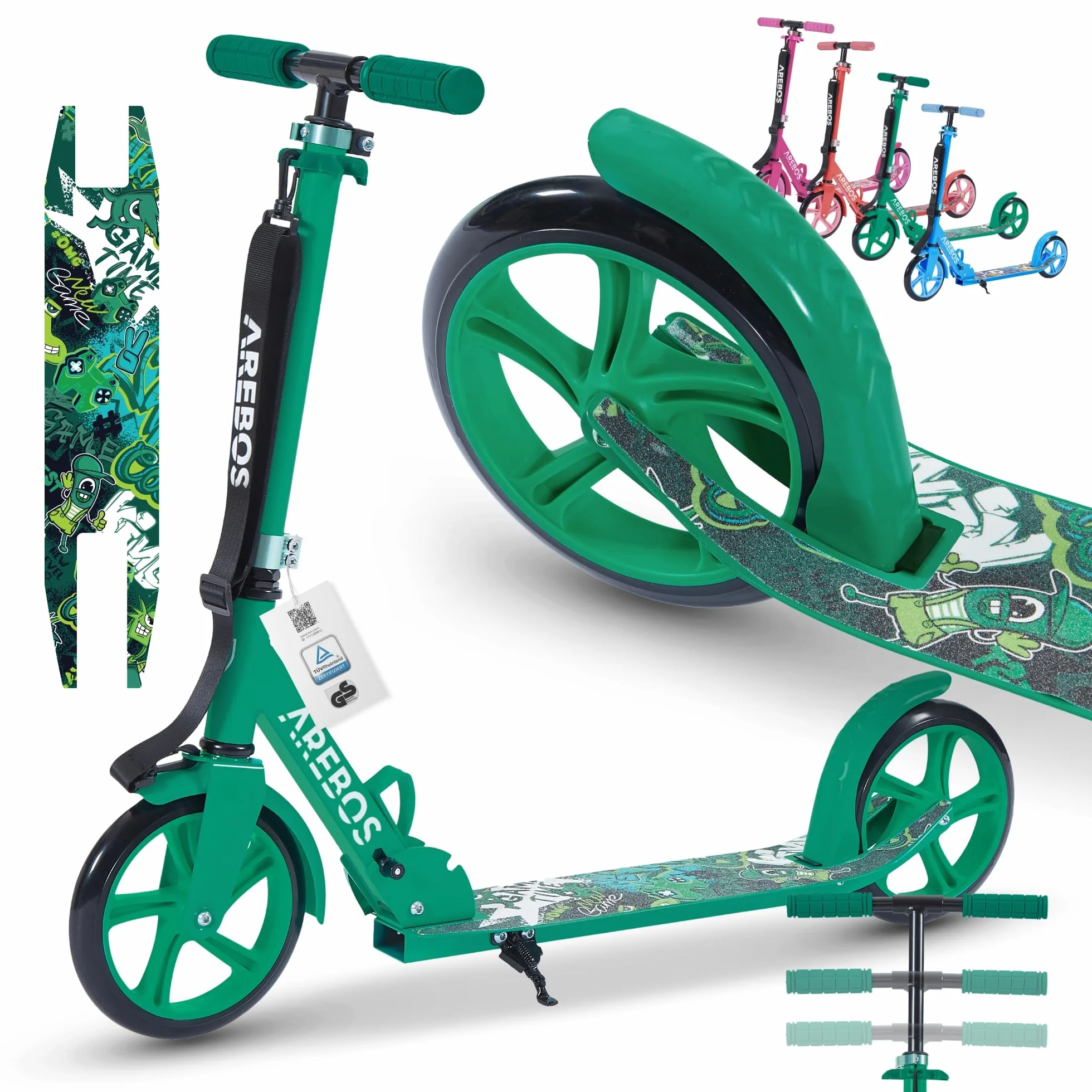 Arebos City Scooter Patinete a Pedales Patinete Regulable en Altura | Plegable | Incl. Correa de Transporte | Ruedas XXL | Freno de Pedal |para niños y Adultos |100kg de Capacidad de Carga