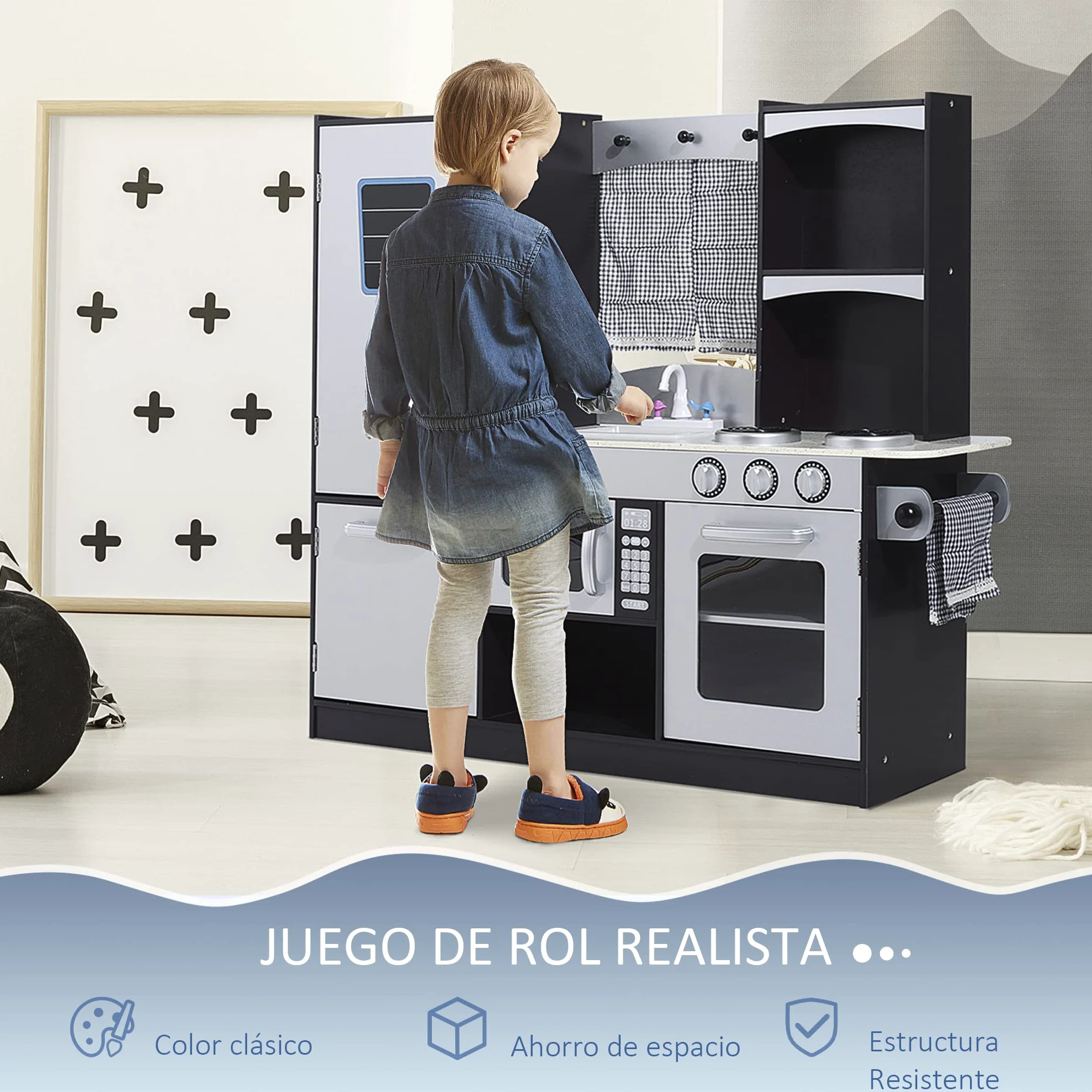HOMCOM Conina de Juguete con Accesorios 105x31,5x95 cm Plata/Marrón Oscuro | Madera Grande, Niños +3 Años, Cocina Infantil Juguete, Encimera, Juego Imitación, Horno, Microondas, Fregadero