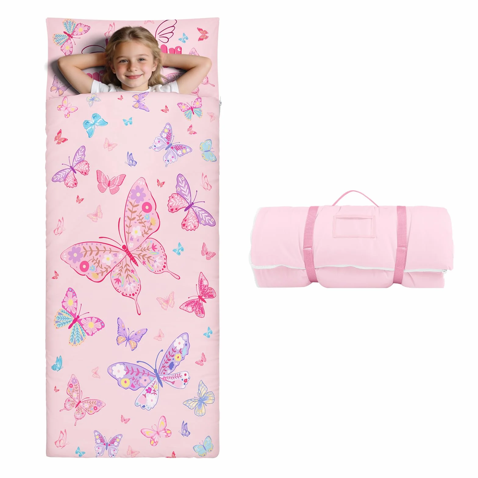 decalsweet Saco de Dormir Infantil con Almohada Extraíble, Cálida Plegable Alfombrilla de Siesta para Niños y Niñas, Bolsa de Dormir con Cremallera para Camping Siesta, 150×60cm
