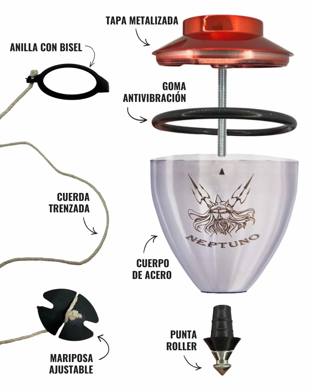 Trompo Profesional Neptuno Roller de Acero Inoxidable, Peonza con Punta Roller de Doble Rodamiento, Regulador de Vibraciones, Diseño para Trucos Avanzados, Incluye Cuerda, Rojo