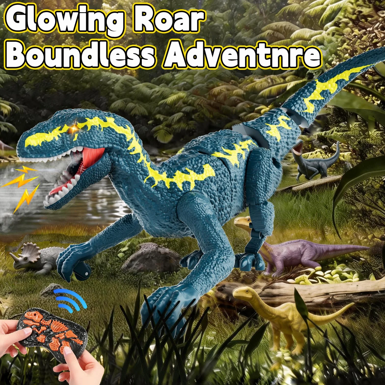 Dinosaurio Teledirigido para Niños 3+, RC Dinosaurio Caminante Recargable 2,4 GHz con Ojos 3D y 3 Sonidos, Juguete Animal Prehistórico Interactivo para Niños y Niñas 3+ (Azul)